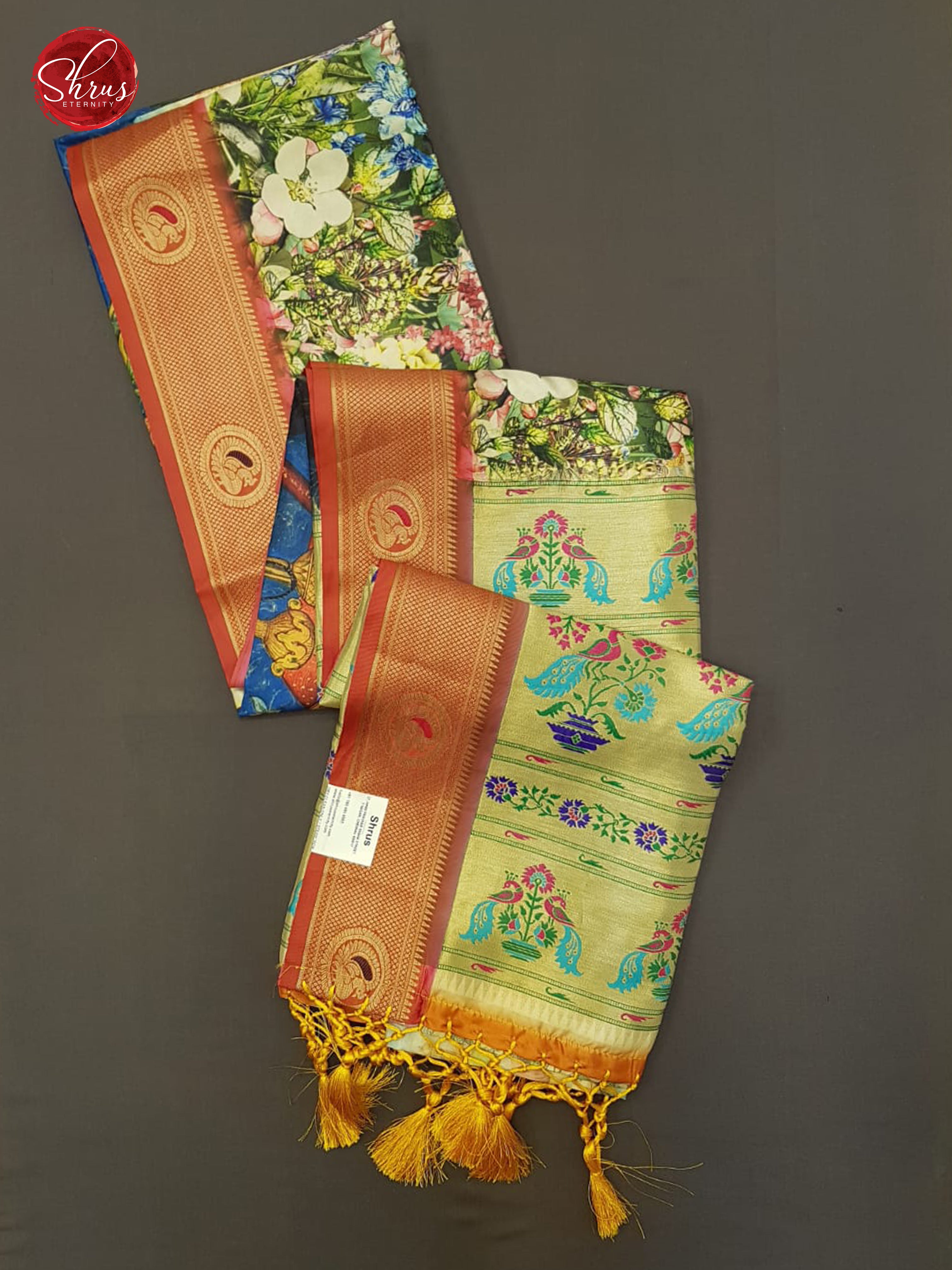 Blue & Orange -Semi Paithani with art printed body & Zari Border - Shop on ShrusEternity.com