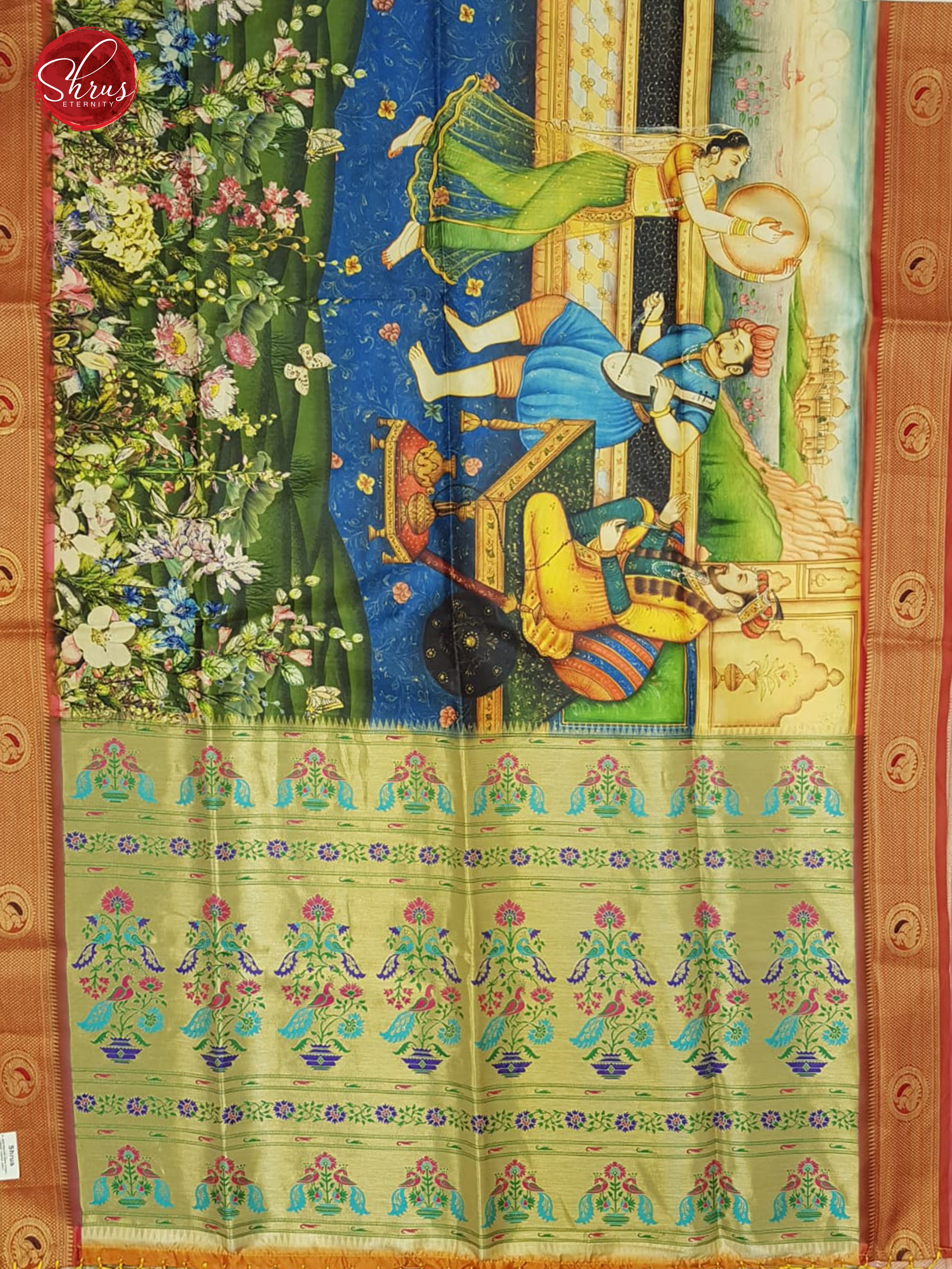 Blue & Orange -Semi Paithani with art printed body & Zari Border - Shop on ShrusEternity.com