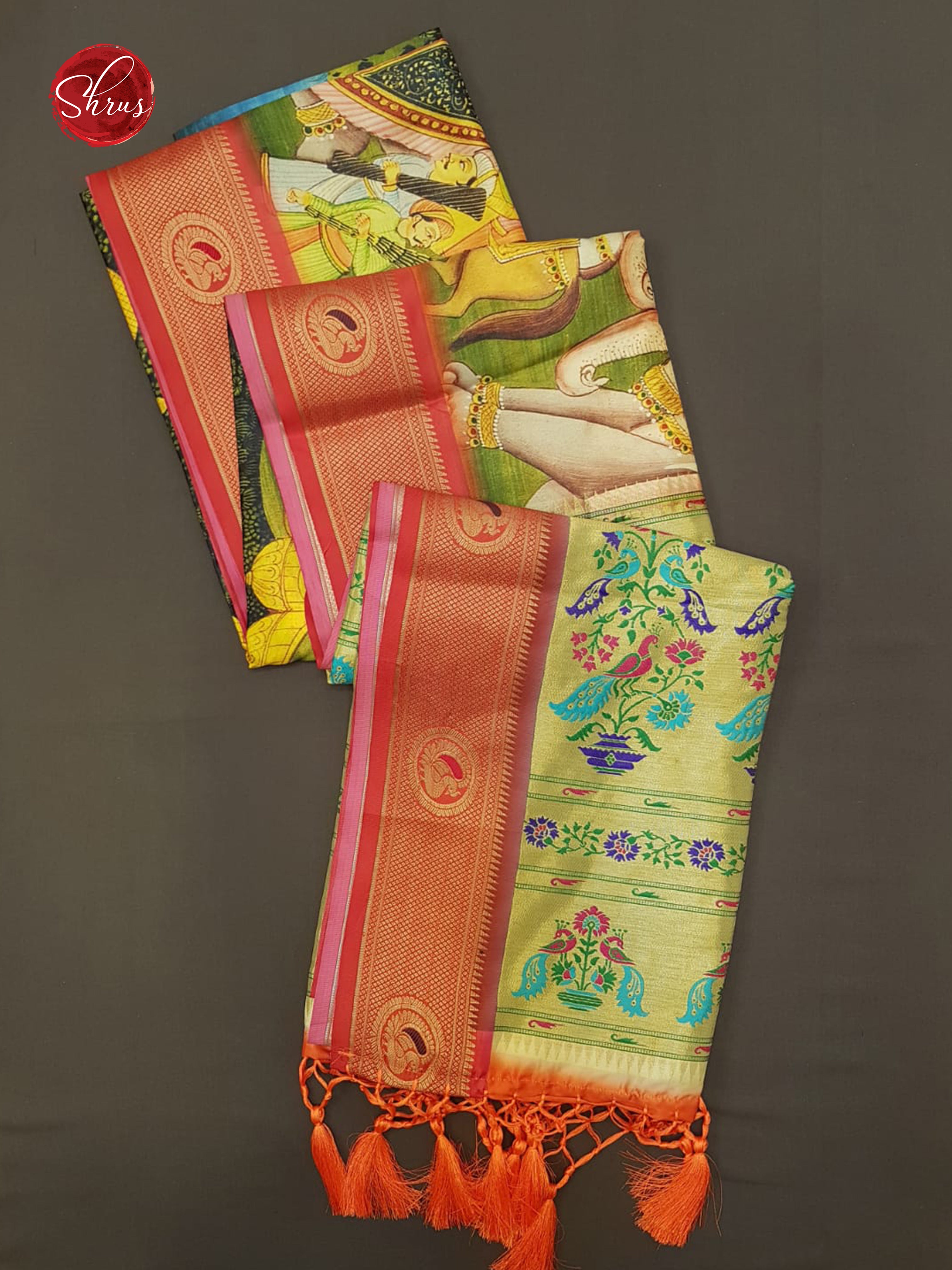 Green & Orange - Semi Paithani with art printed body & Zari Border - Shop on ShrusEternity.com