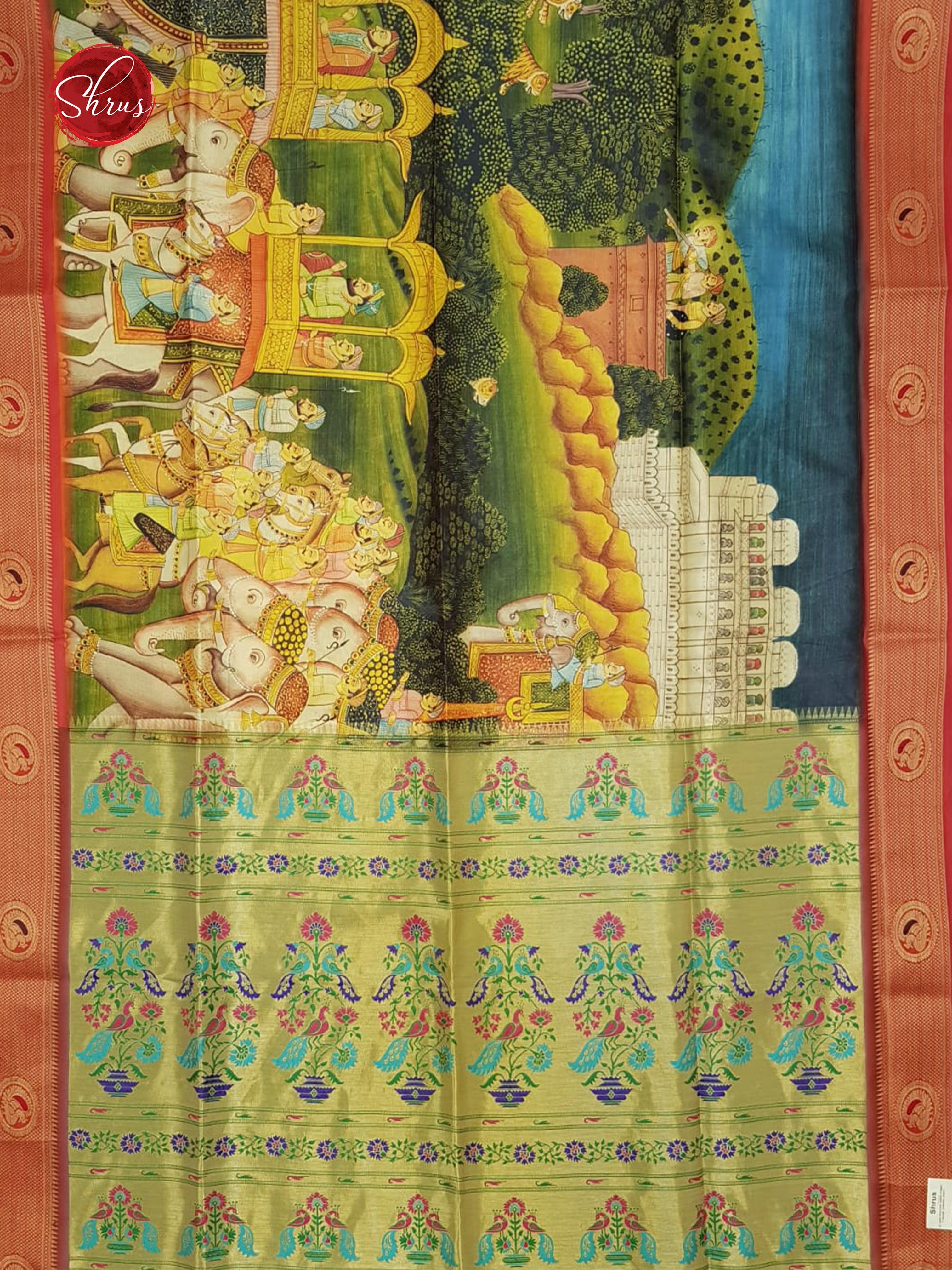 Green & Orange - Semi Paithani with art printed body & Zari Border - Shop on ShrusEternity.com