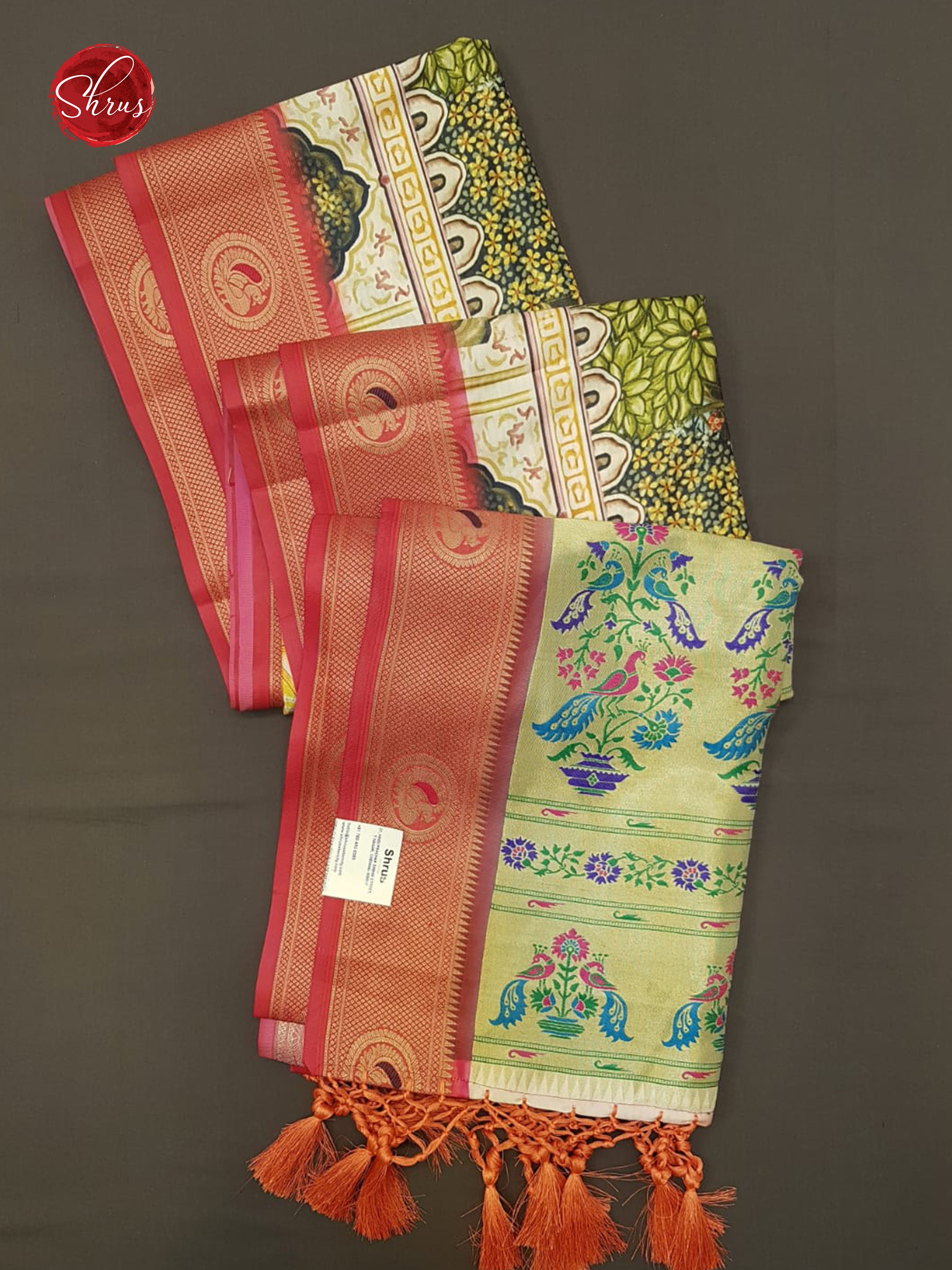 Green & Orange -Semi Paithani with art printed body & Zari Border - Shop on ShrusEternity.com