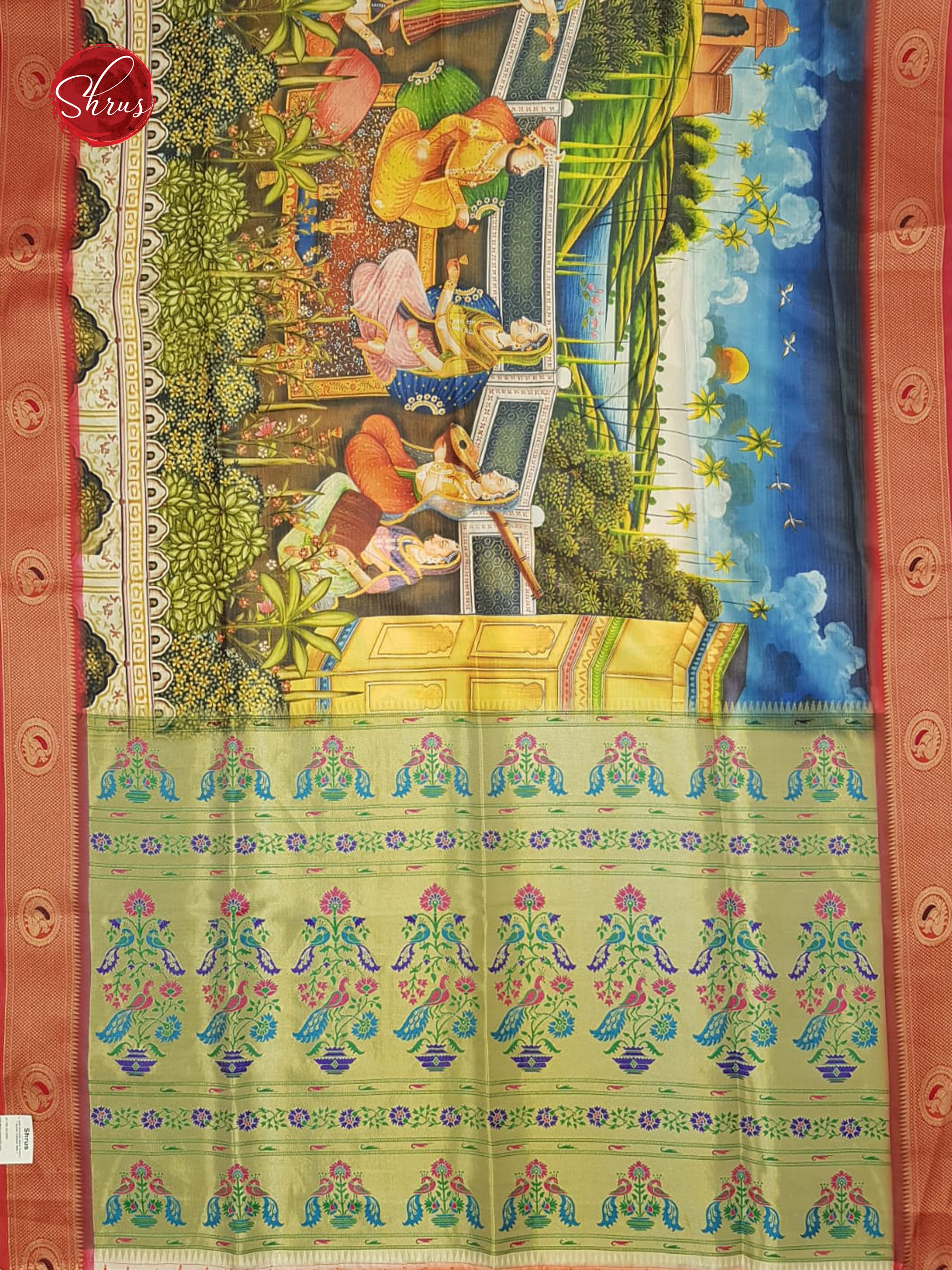 Green & Orange -Semi Paithani with art printed body & Zari Border - Shop on ShrusEternity.com