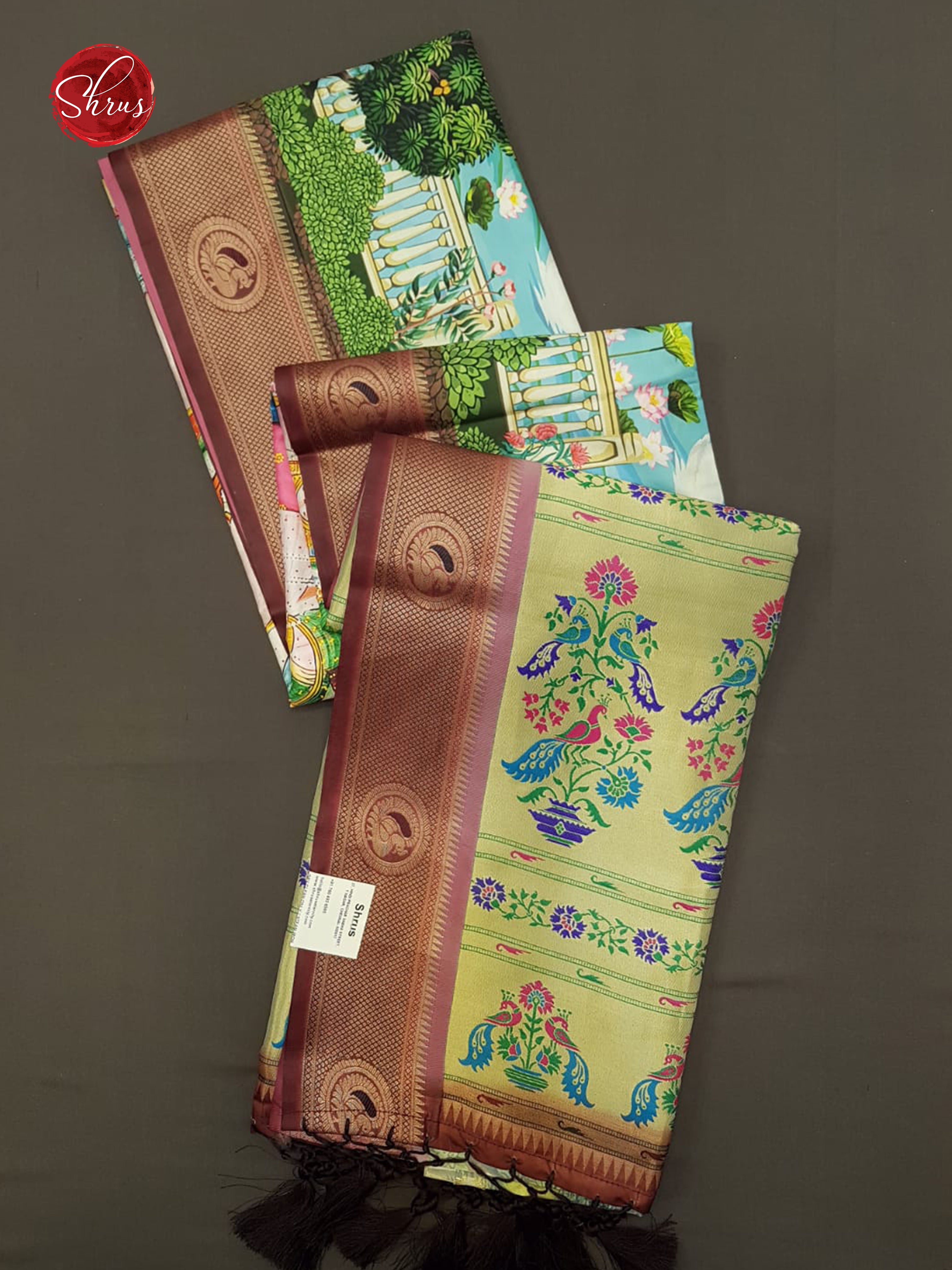 Green & Brown -Semi Paithani with art printed body & Zari Border - Shop on ShrusEternity.com