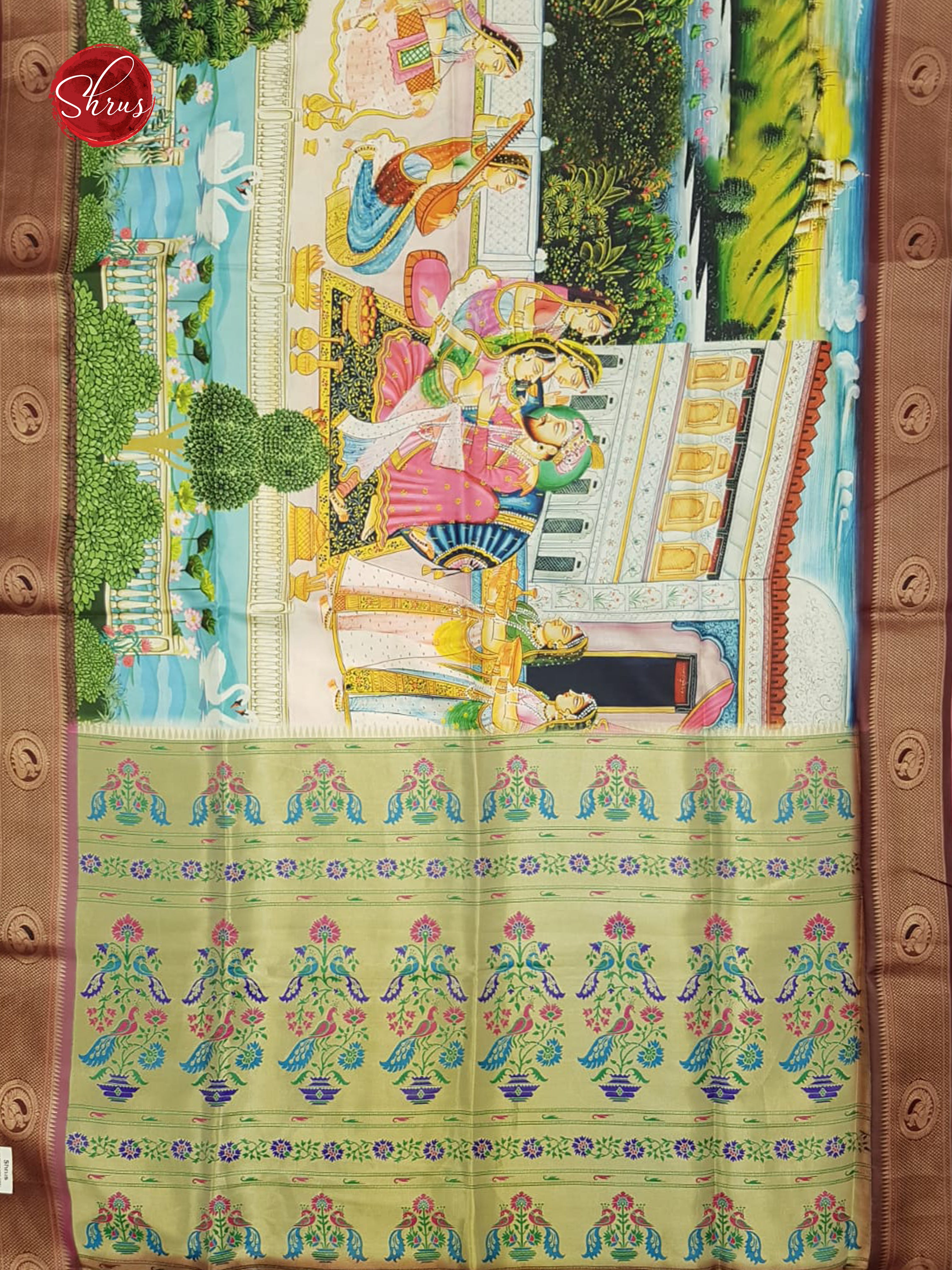 Green & Brown -Semi Paithani with art printed body & Zari Border - Shop on ShrusEternity.com