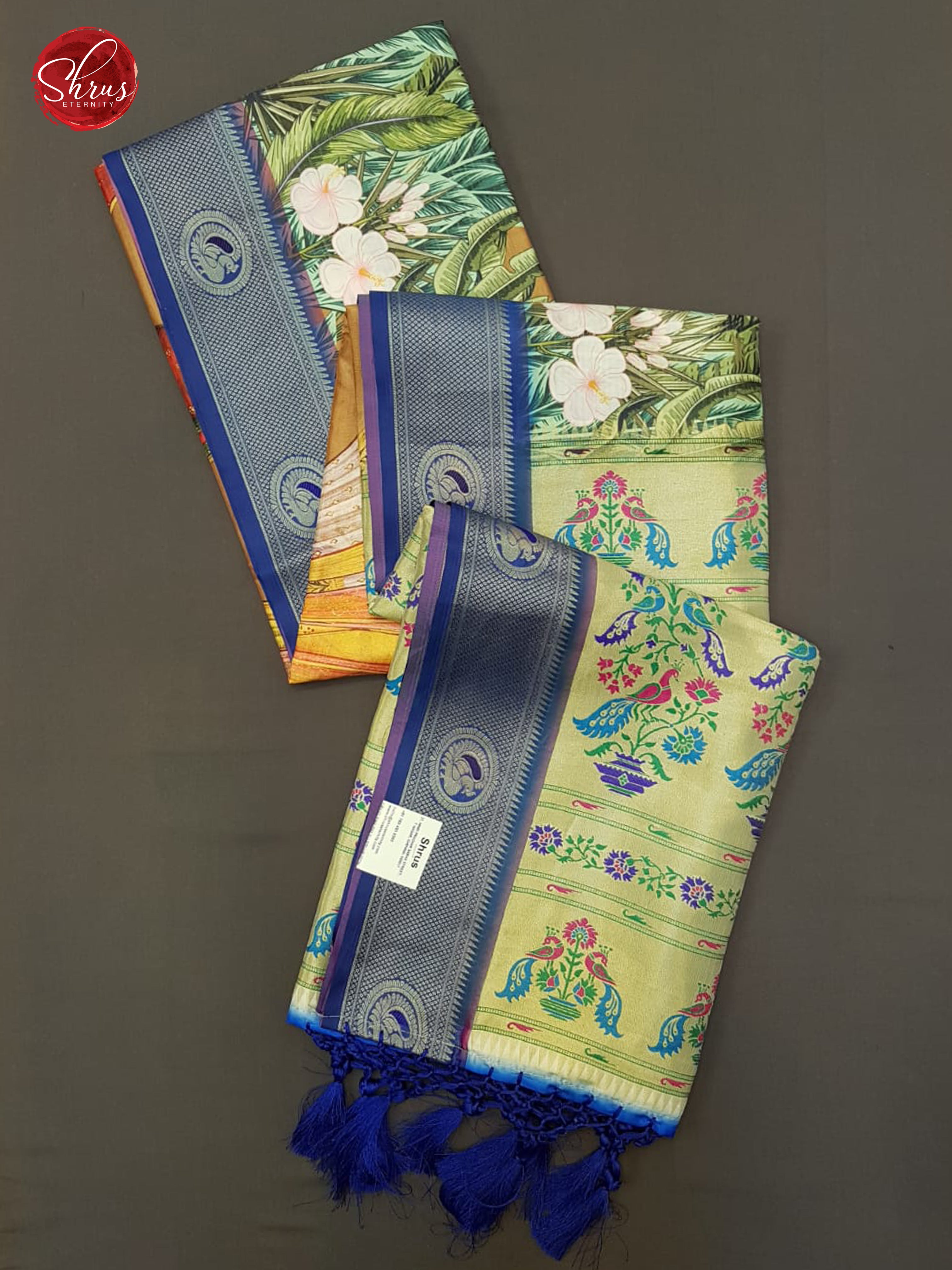 Green & Blue-Semi Paithani with art printed body & Zari Border - Shop on ShrusEternity.com