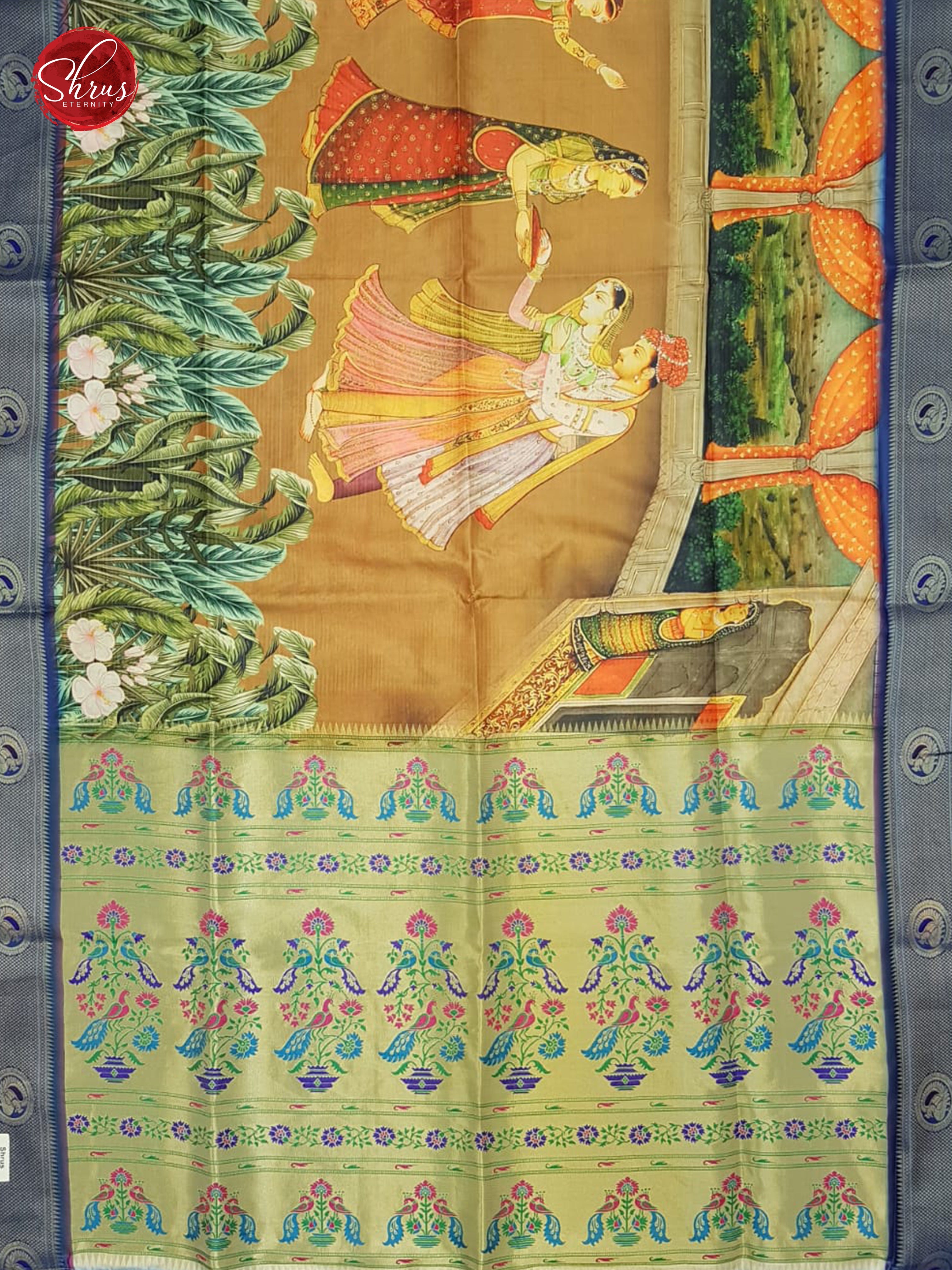 Green & Blue-Semi Paithani with art printed  body &  Zari Border - Shop on ShrusEternity.com