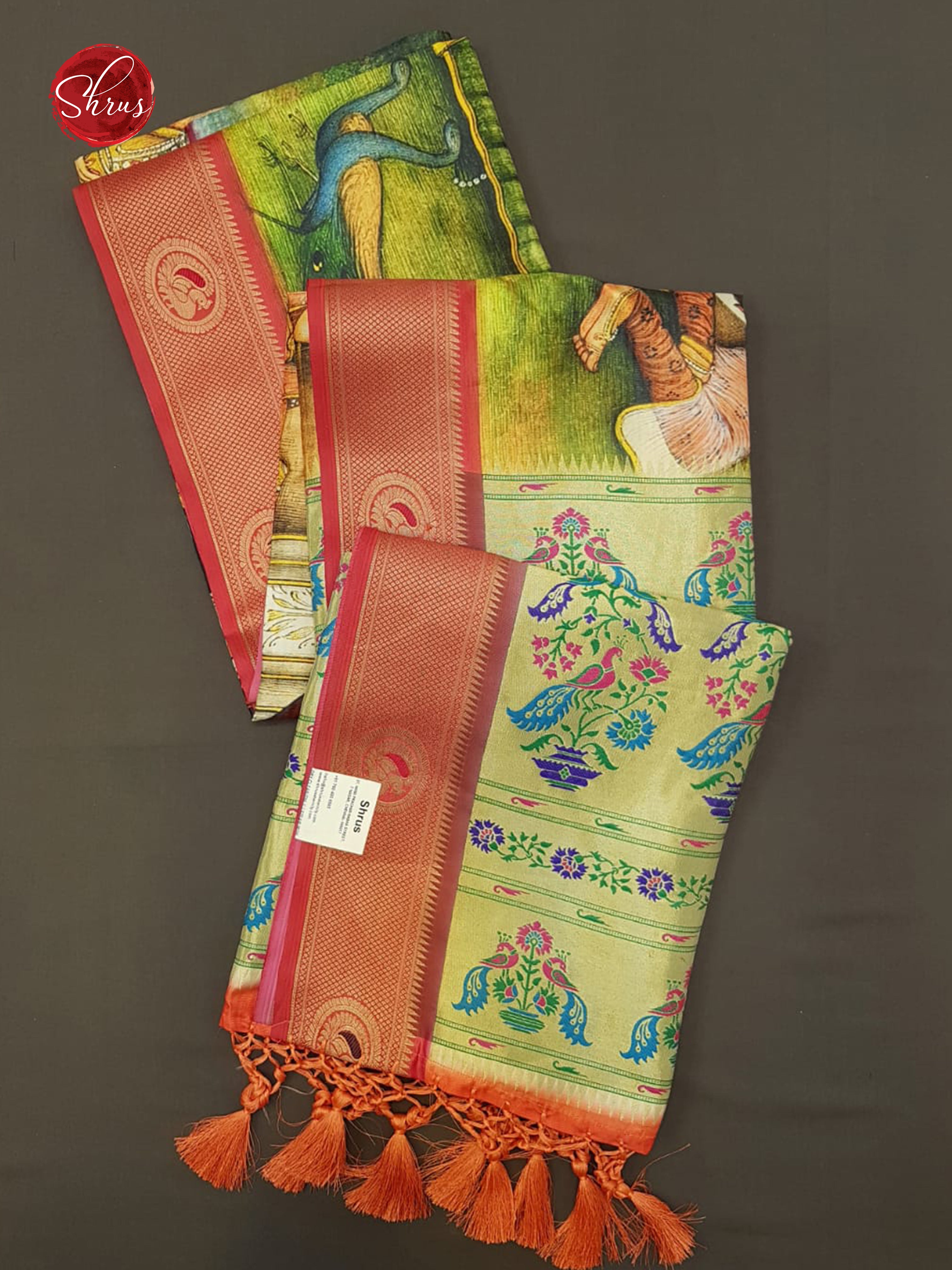 Green & Orange -Semi Paithani with art printed body & Zari Border - Shop on ShrusEternity.com