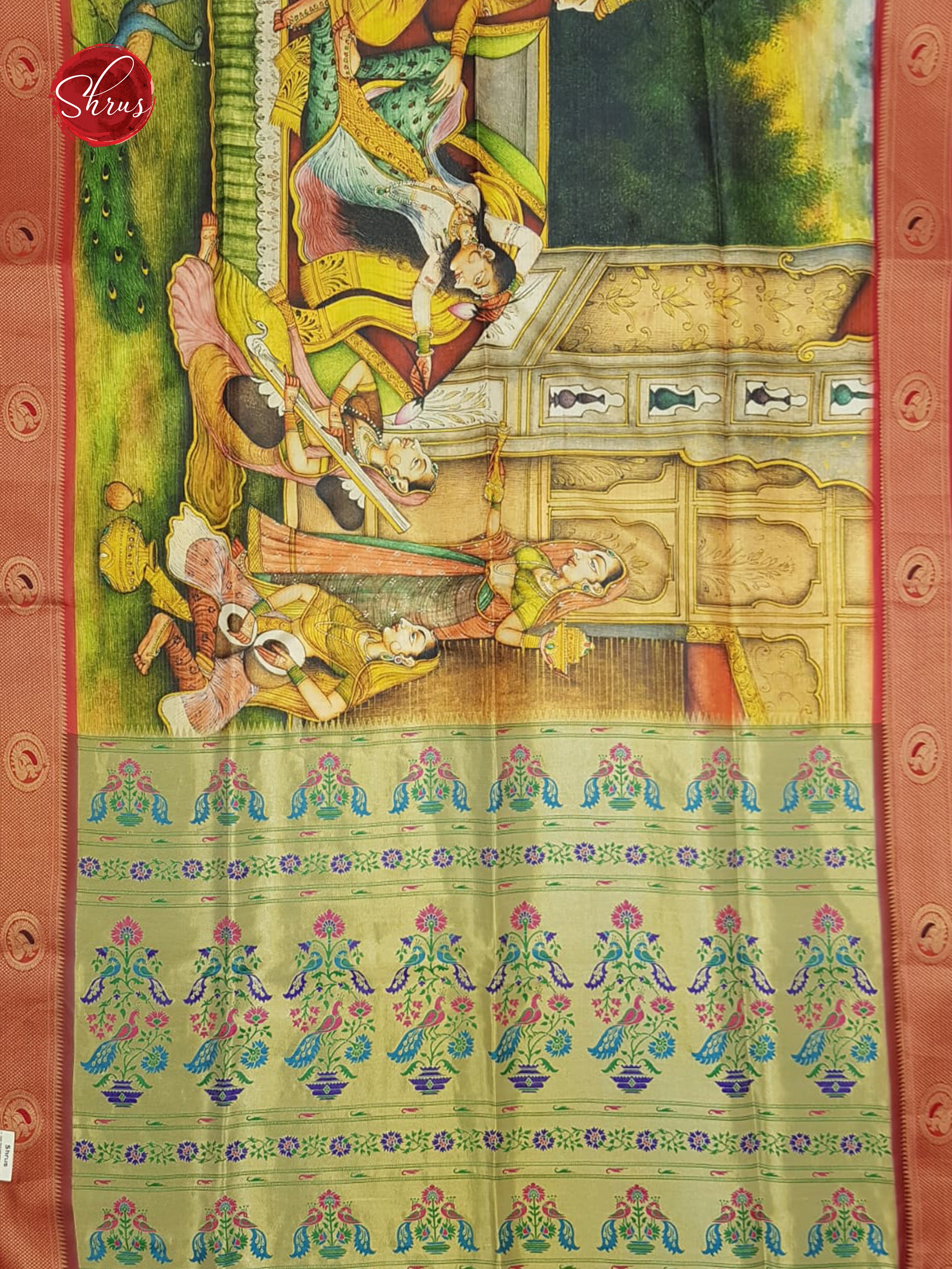 Green & Orange -Semi Paithani with art printed body & Zari Border - Shop on ShrusEternity.com