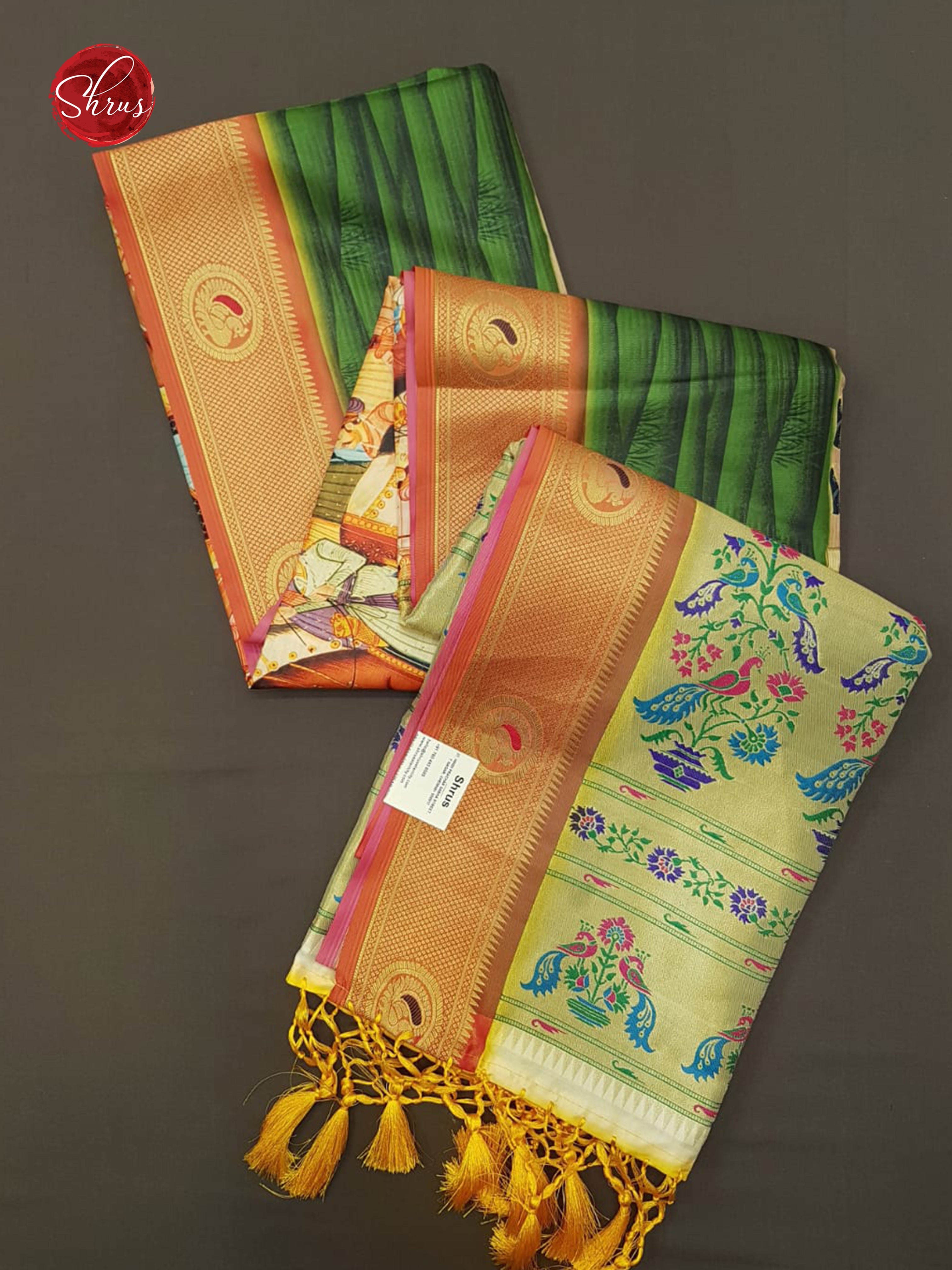 Green & Yellow-Semi Paithani with art printed body & Zari Border - Shop on ShrusEternity.com