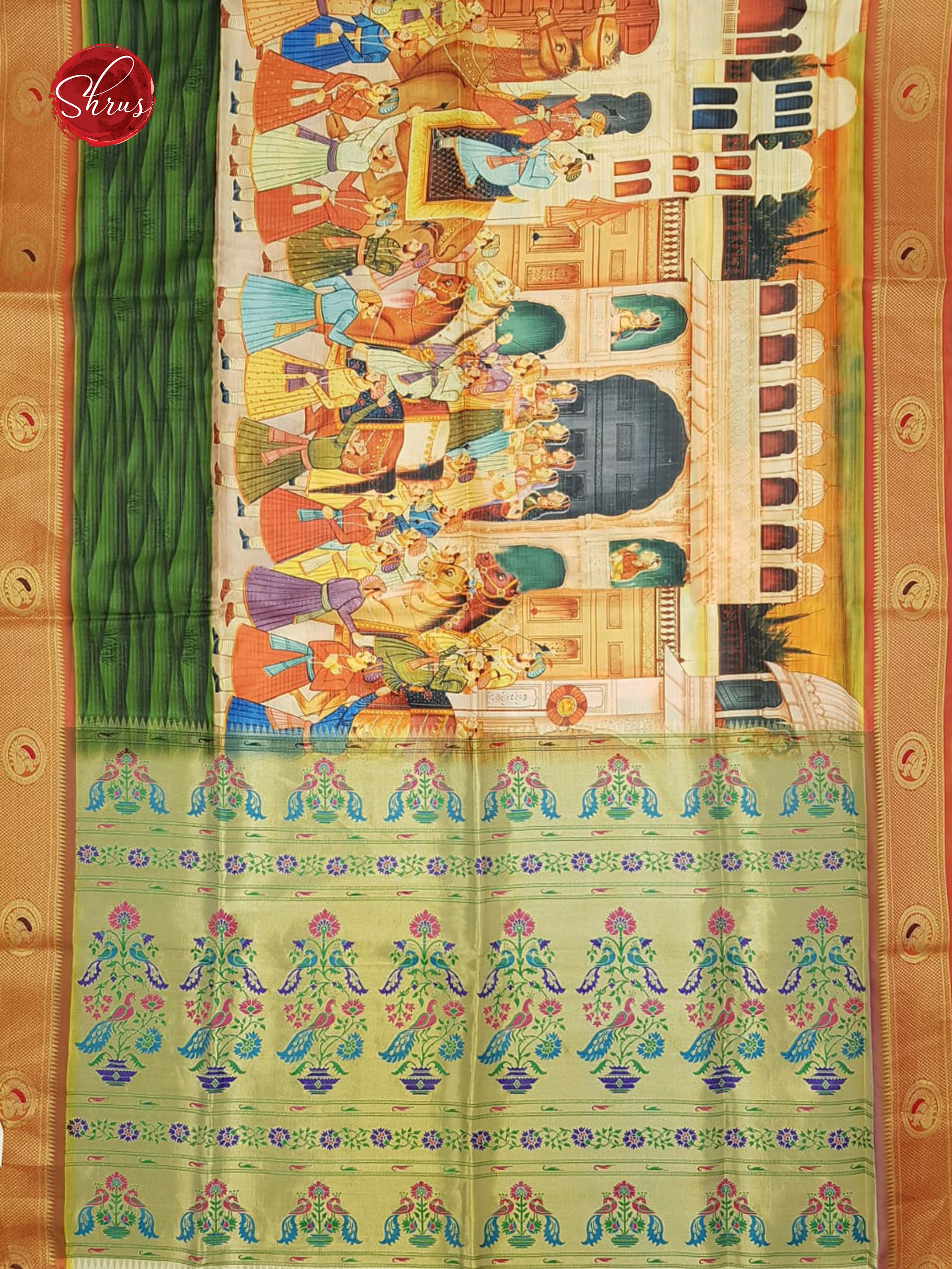 Green & Yellow-Semi Paithani with art printed body & Zari Border - Shop on ShrusEternity.com