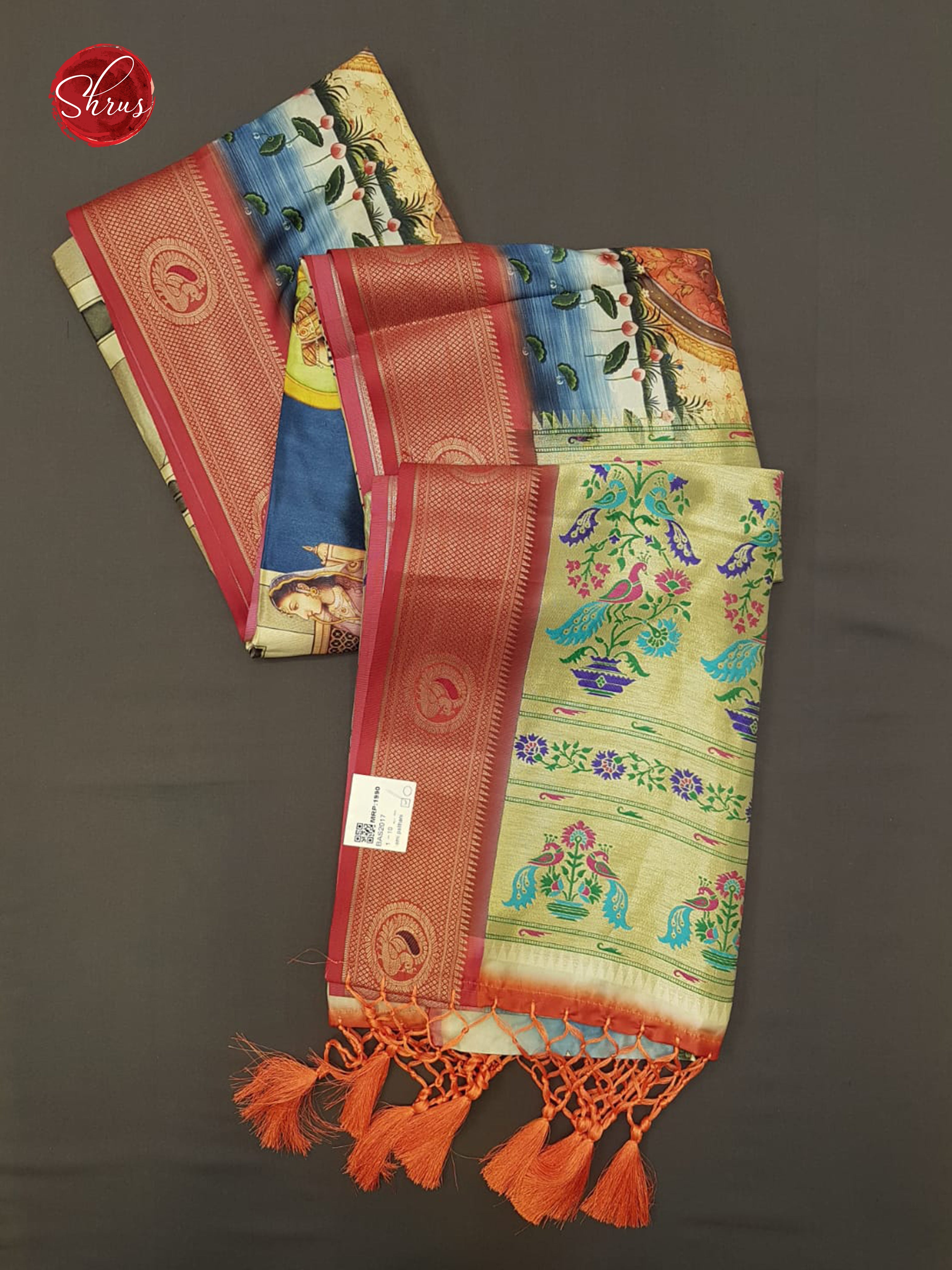 Green & Orange -Semi Paithani with art printed body & contrast Zari Border - Shop on ShrusEternity.com