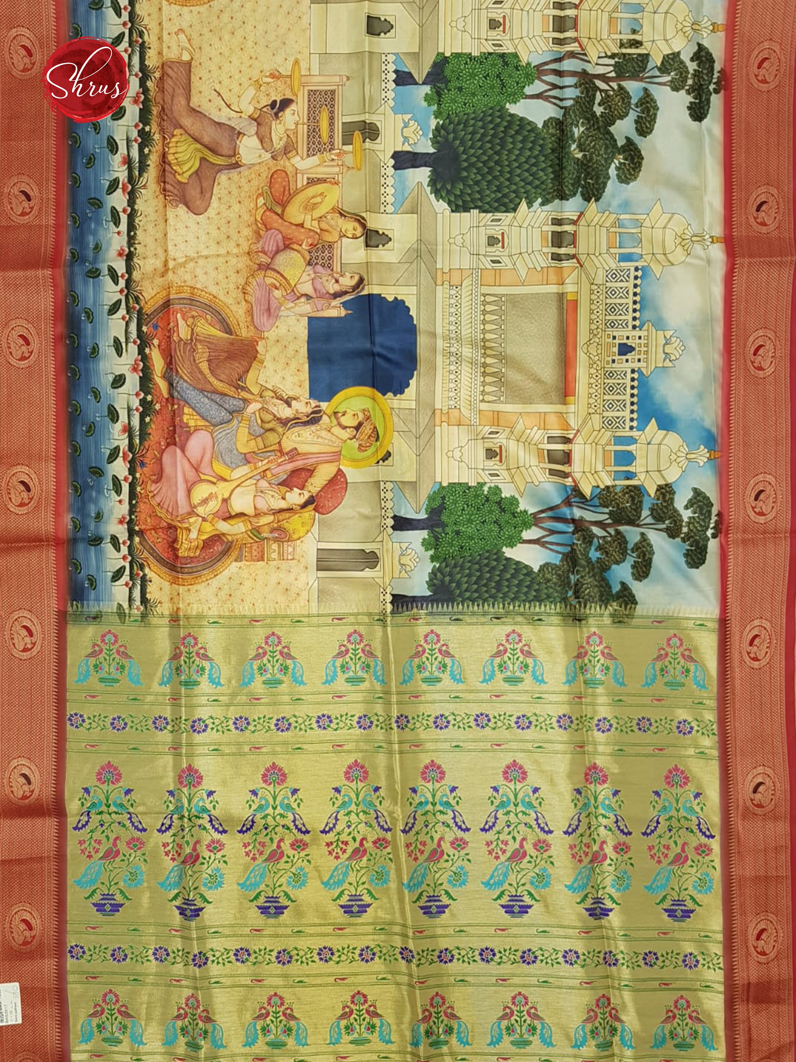 Green & Orange -Semi Paithani with art printed body & contrast Zari Border - Shop on ShrusEternity.com