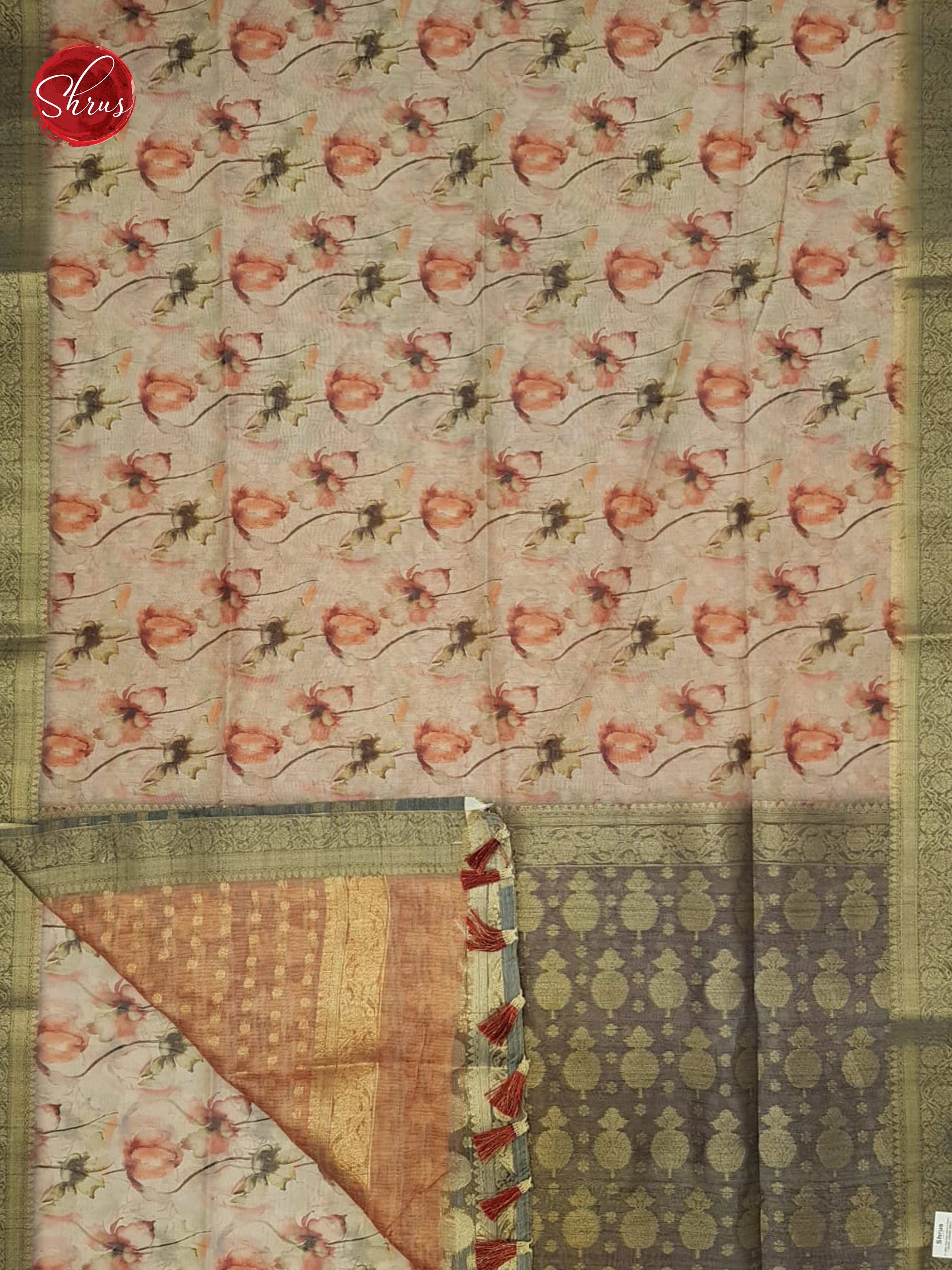 Onion Pink & Grey - Semi Chanderi with floral print on the body & Zari Border - Shop on ShrusEternity.com