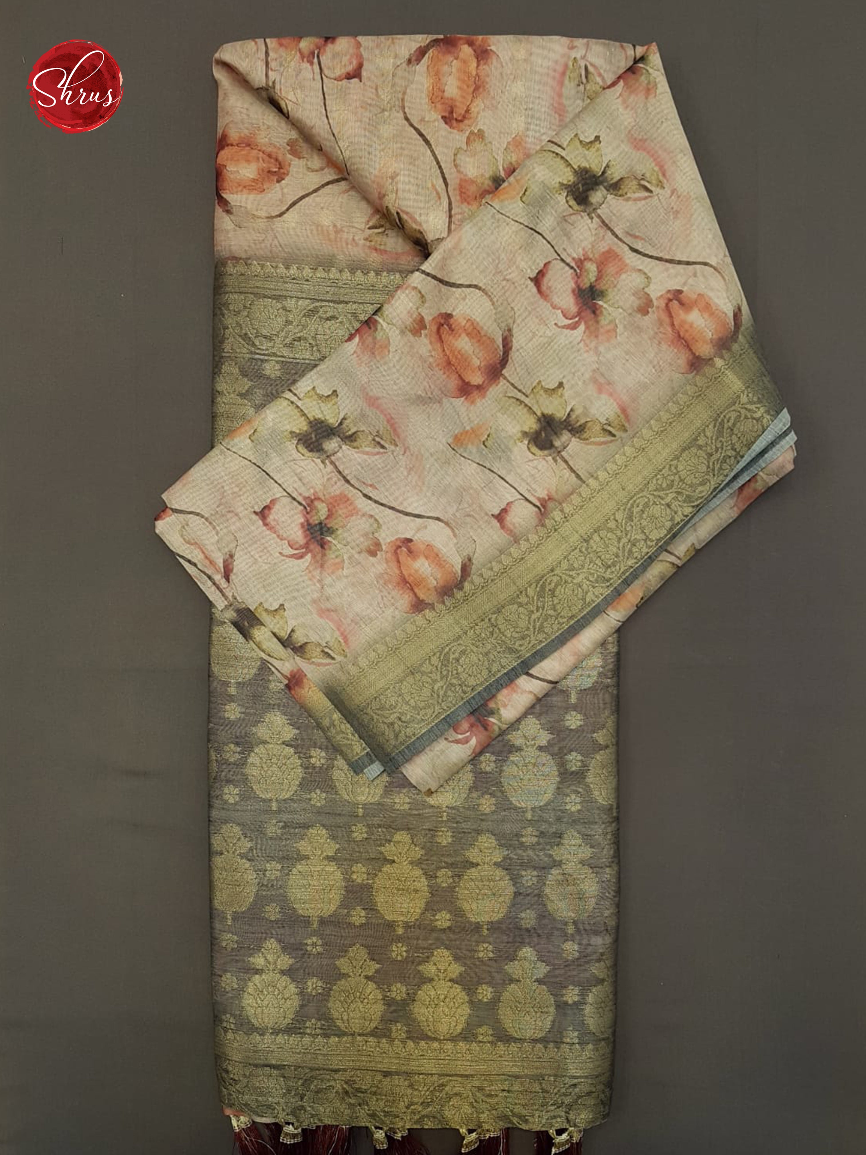 Onion Pink & Grey - Semi Chanderi with floral print on the body & Zari Border - Shop on ShrusEternity.com