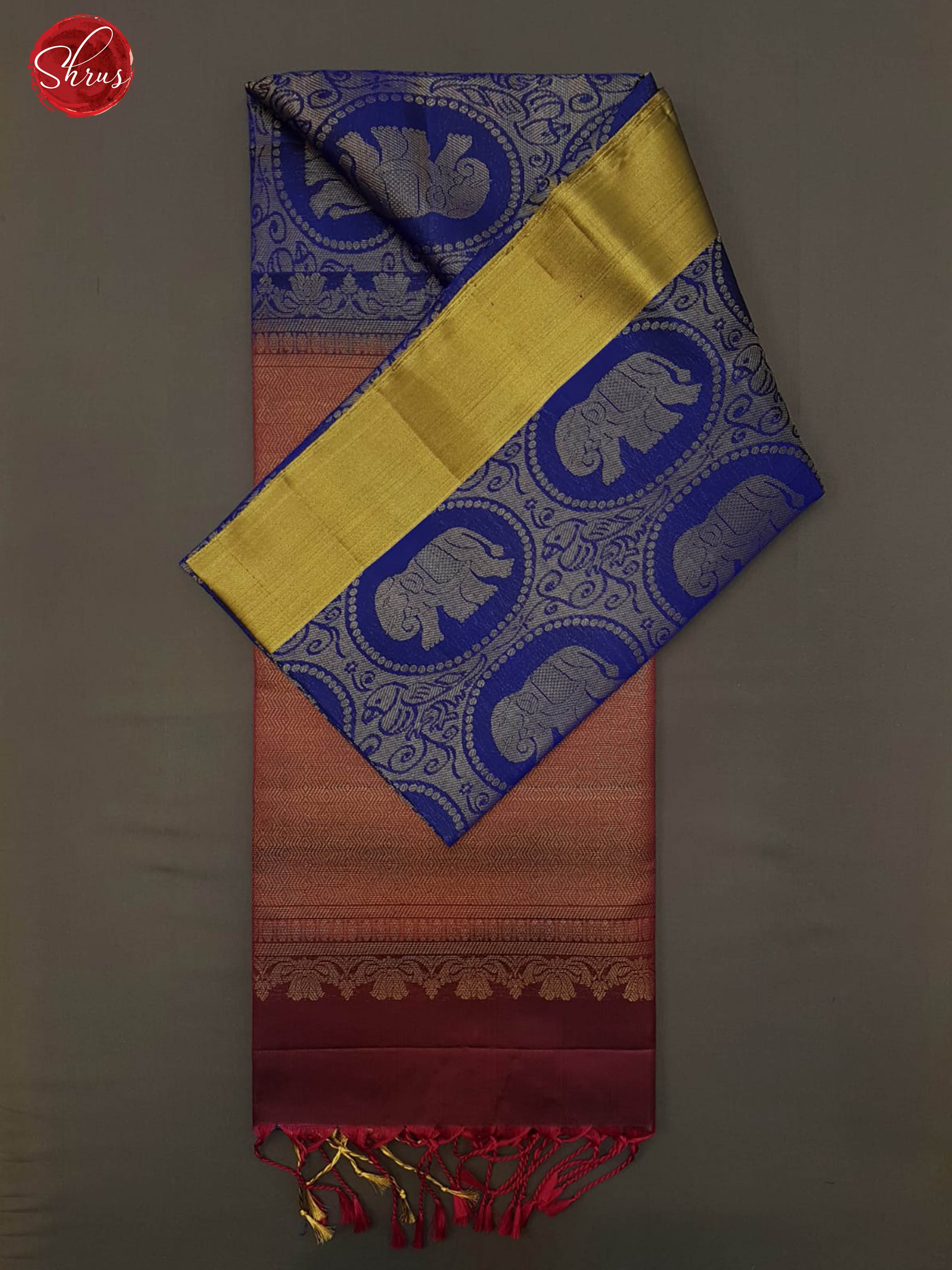 Blue & Maroon -Soft Silk with Elephant motifs in brocade on the body & Zari Border - Shop on ShrusEternity.com