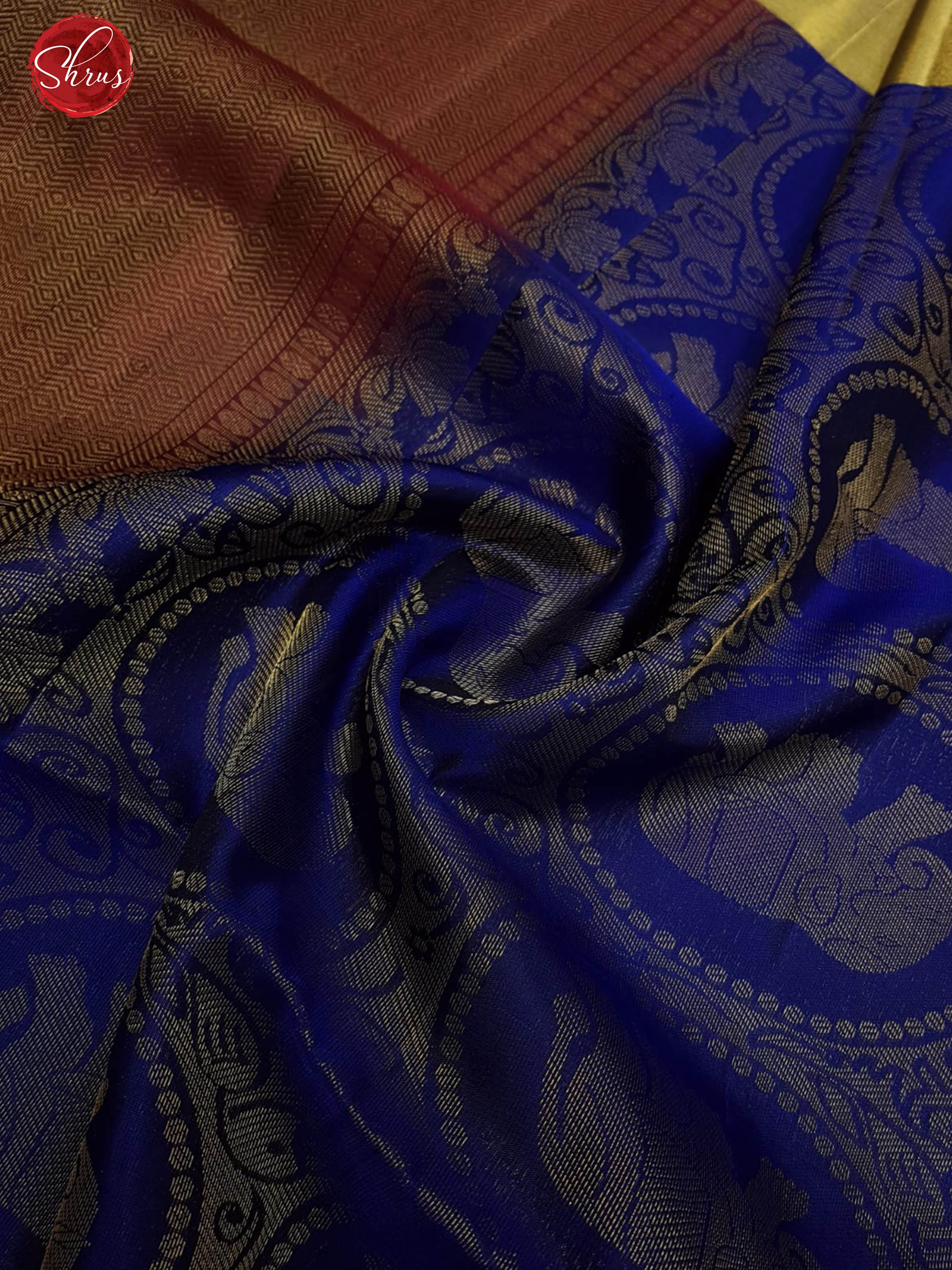 Blue & Maroon -Soft Silk with Elephant motifs in brocade on the body & Zari Border - Shop on ShrusEternity.com