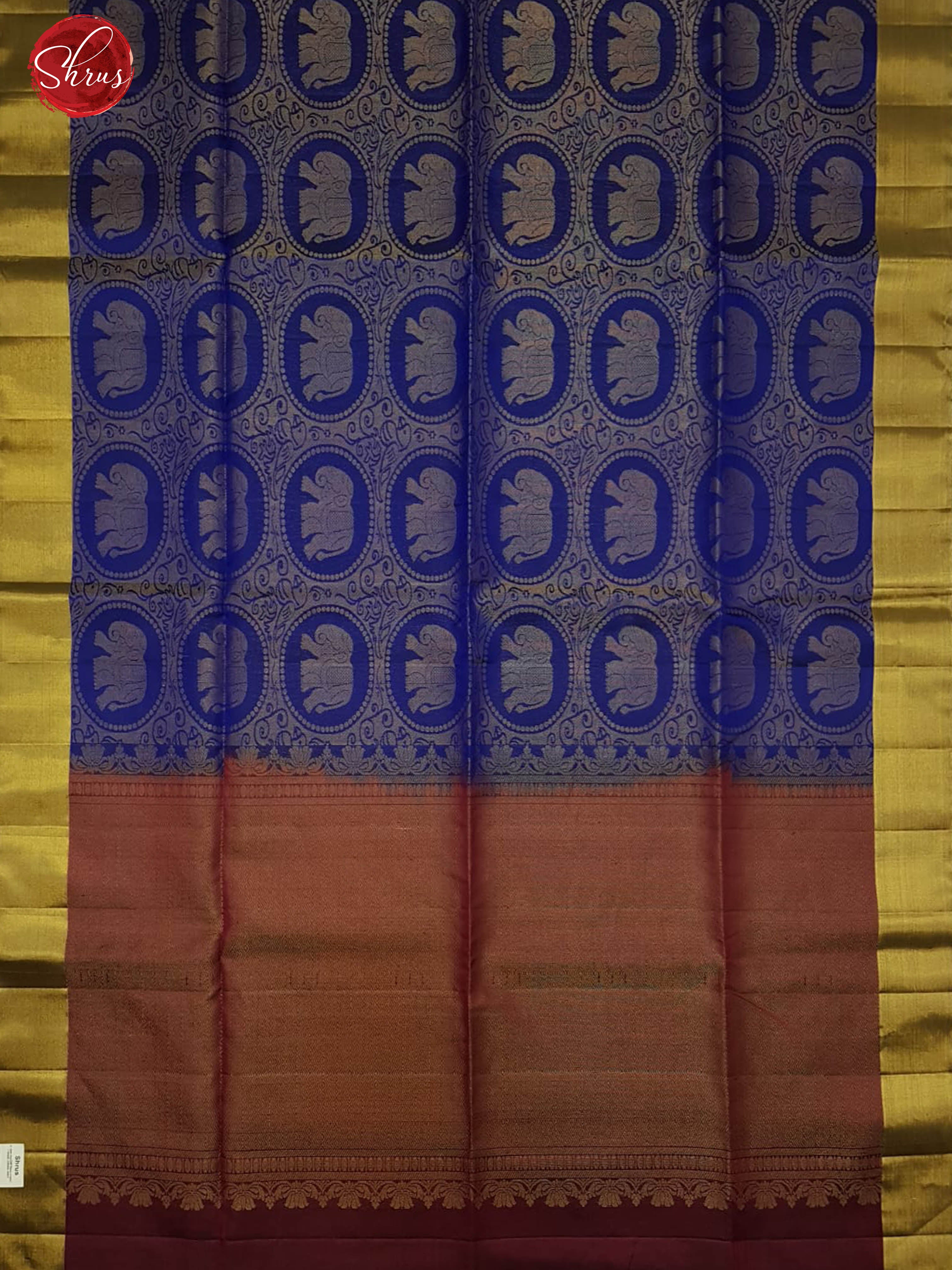 Blue & Maroon -Soft Silk with Elephant motifs in brocade on the body & Zari Border - Shop on ShrusEternity.com