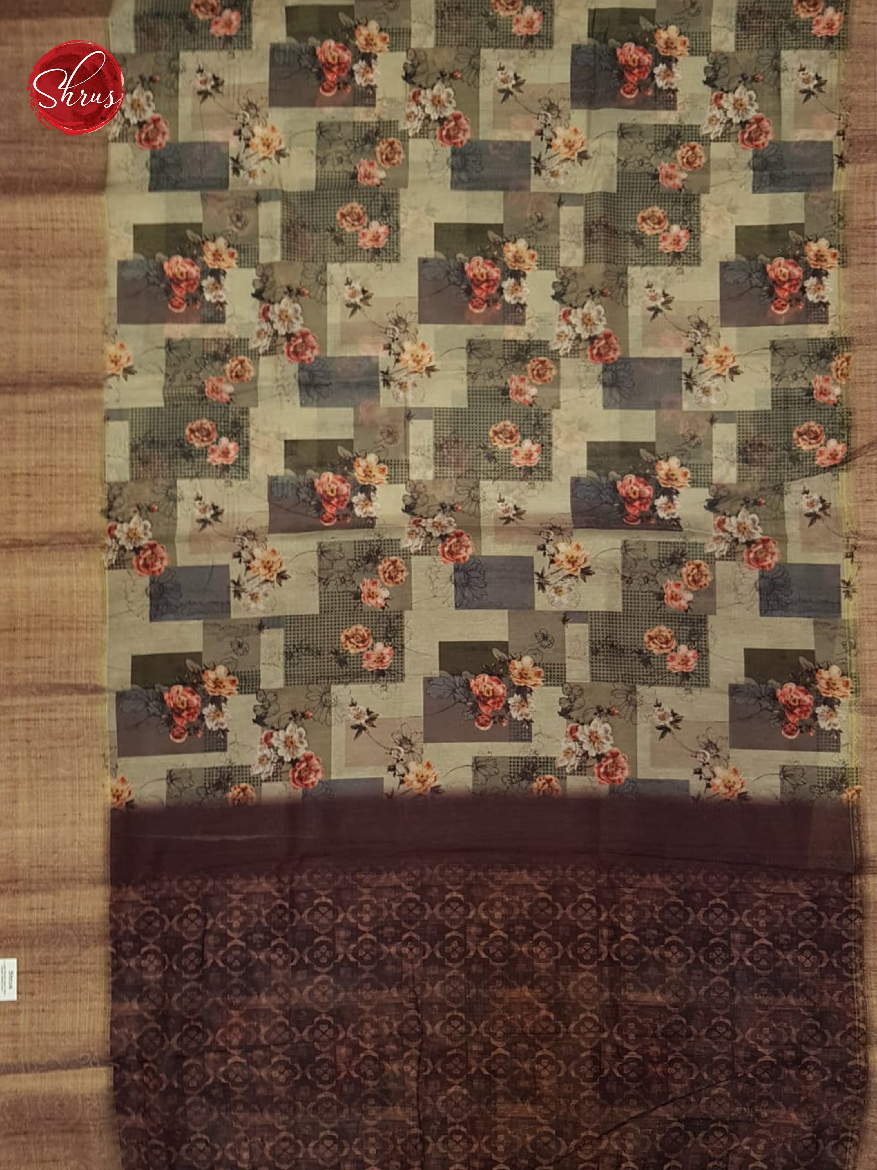Grey & Brown - Semi Chanderi with floral print on the body & Zari Border - Shop on ShrusEternity.com