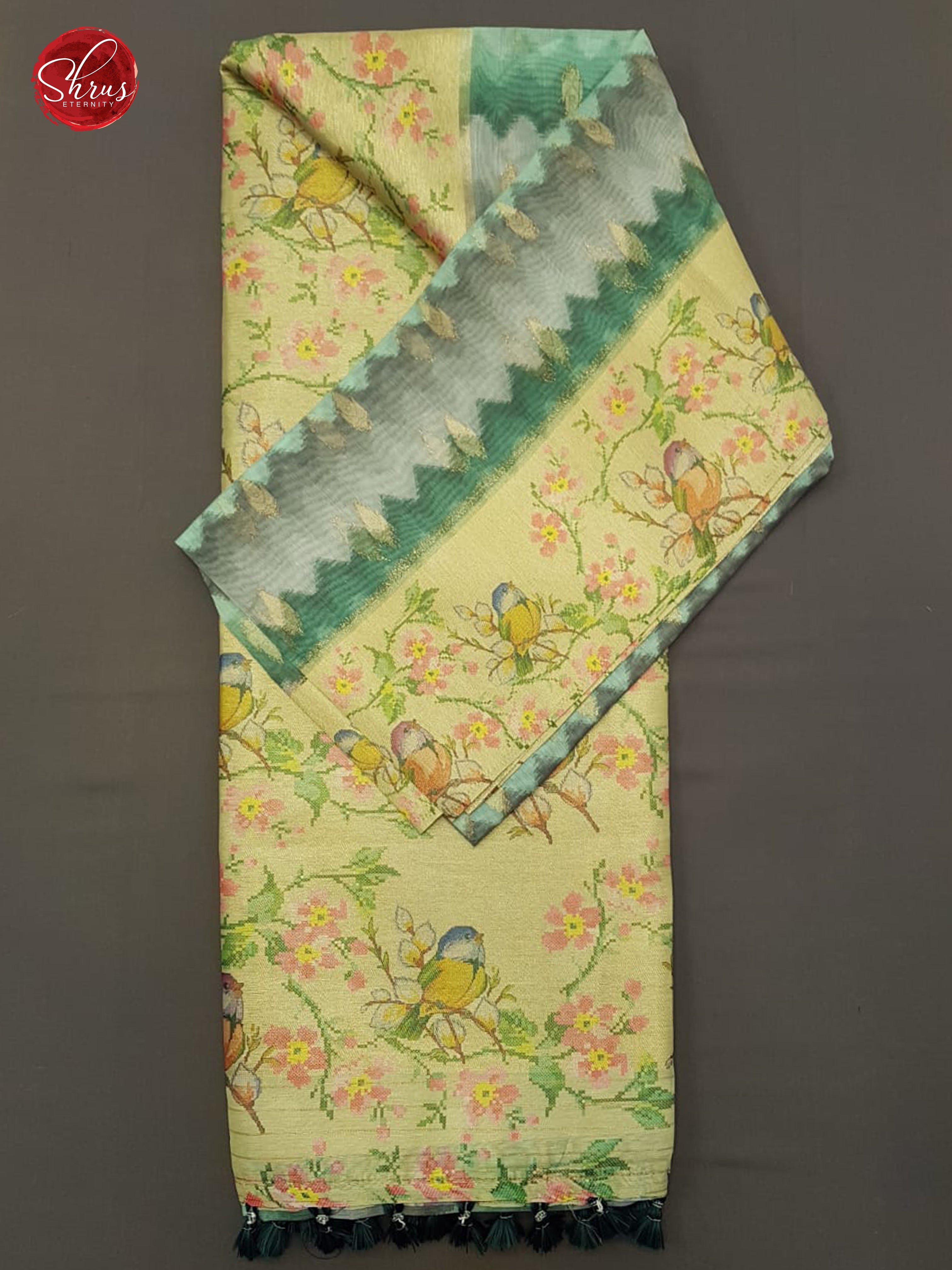 Green & Dull Gold - Semi Jute with floral Print , zari Butta on the Body & contrast printed Border - Shop on ShrusEternity.com