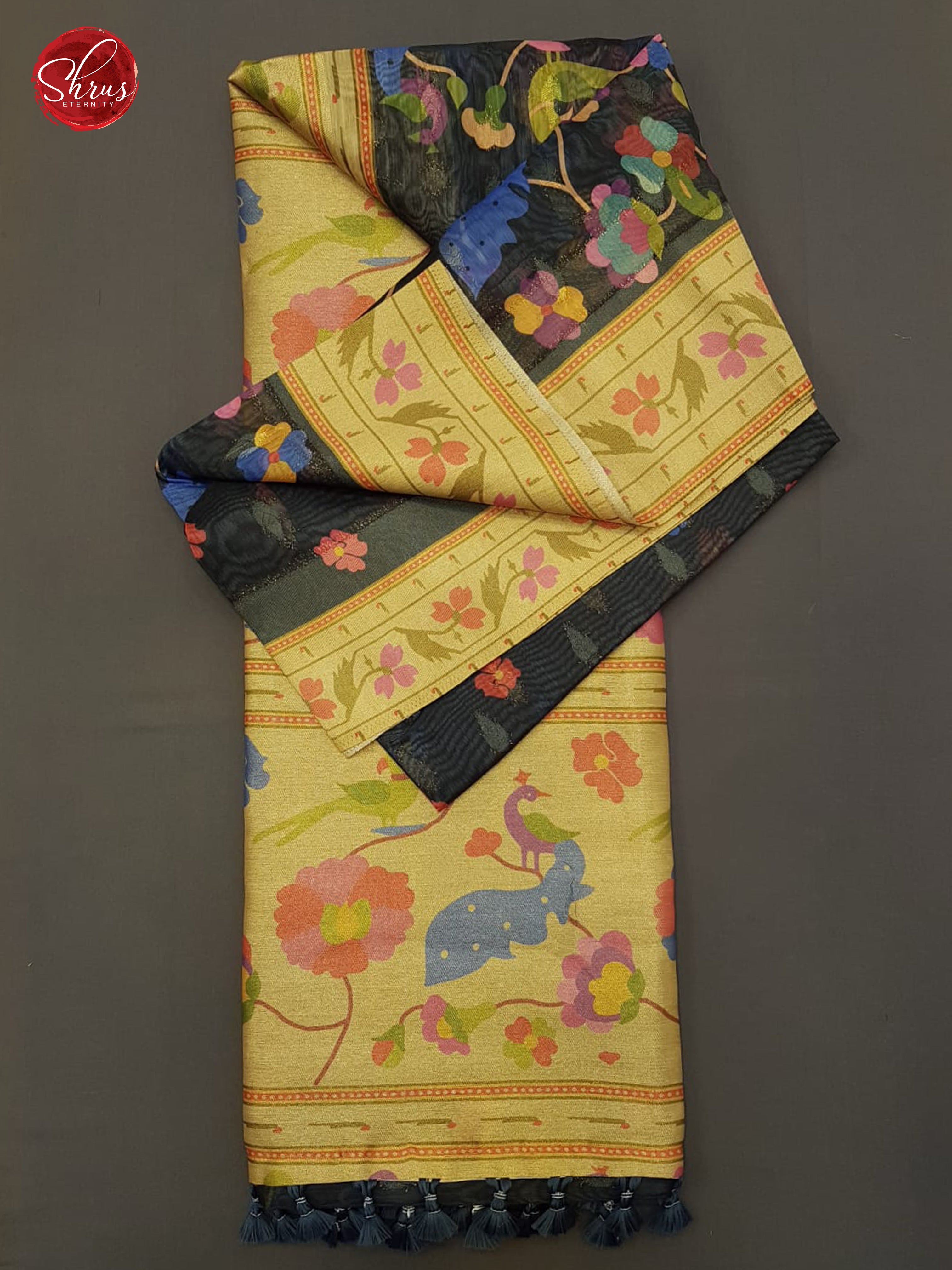 Black & Gold - Semi Jute with floral Print on the Body & contrast printed Border - Shop on ShrusEternity.com