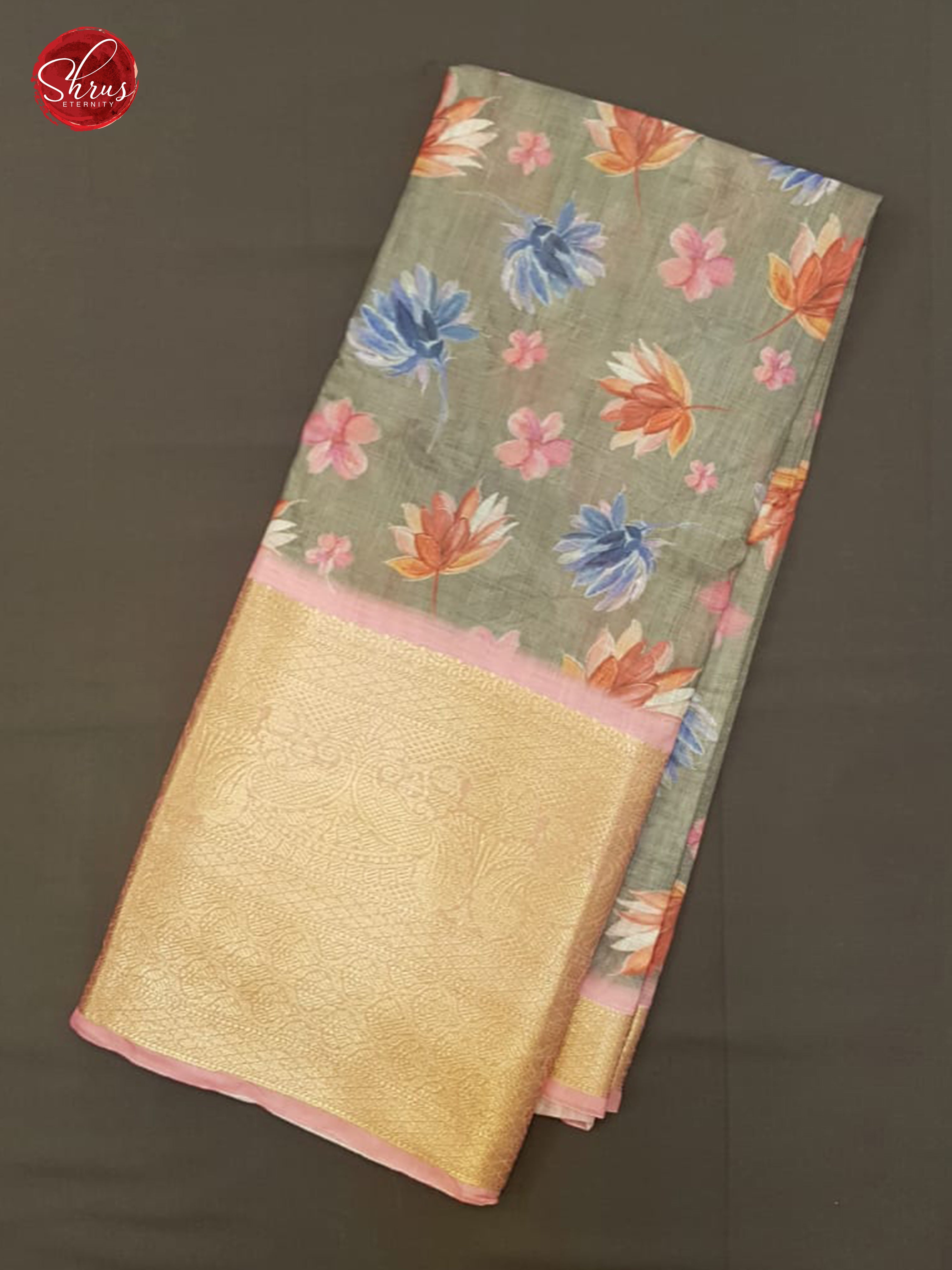 Grey & Pink - Matka Cotton with floral print on the Body & contrast zari Border - Shop on ShrusEternity.com