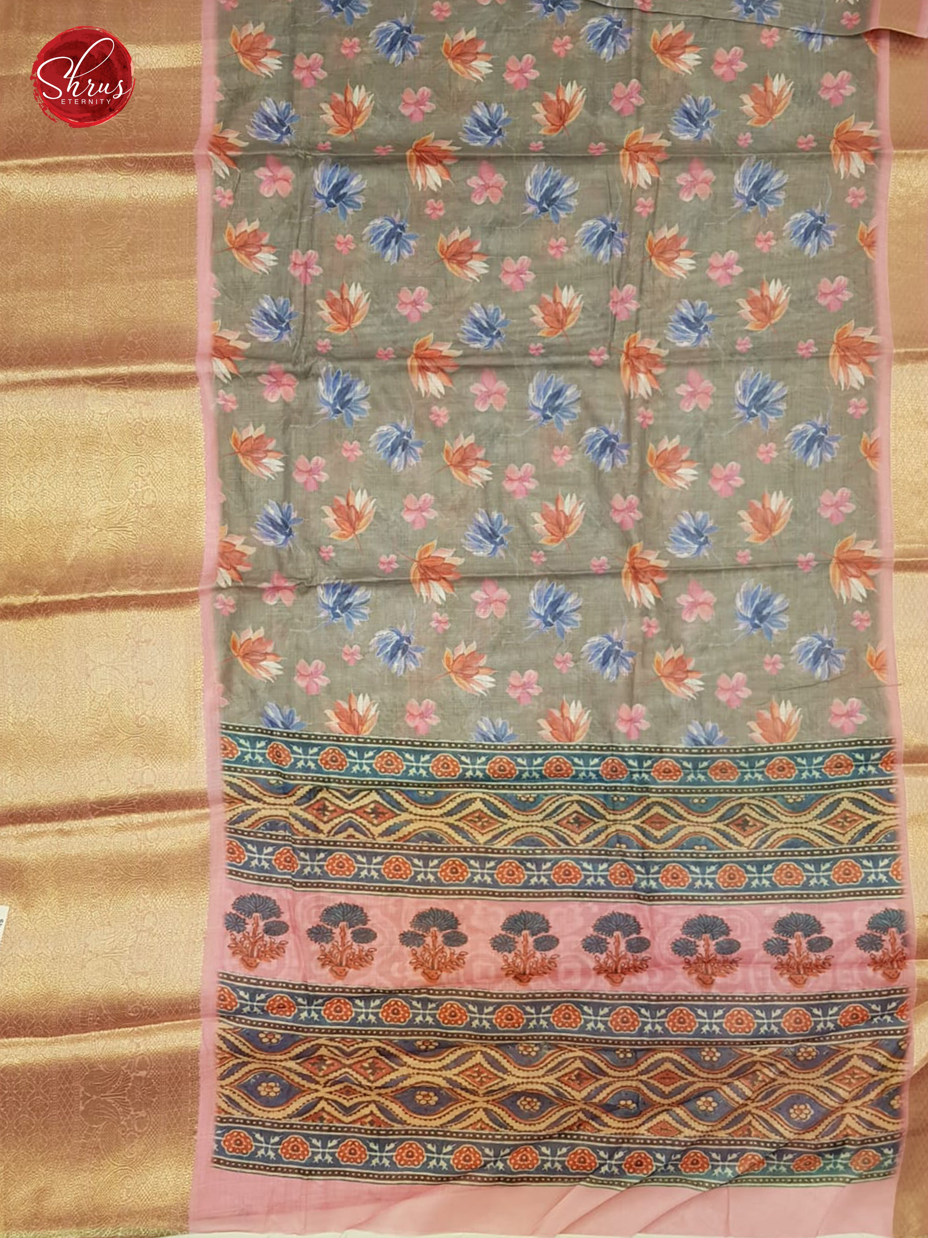 Grey & Pink - Matka Cotton with floral print on the Body & contrast zari Border - Shop on ShrusEternity.com