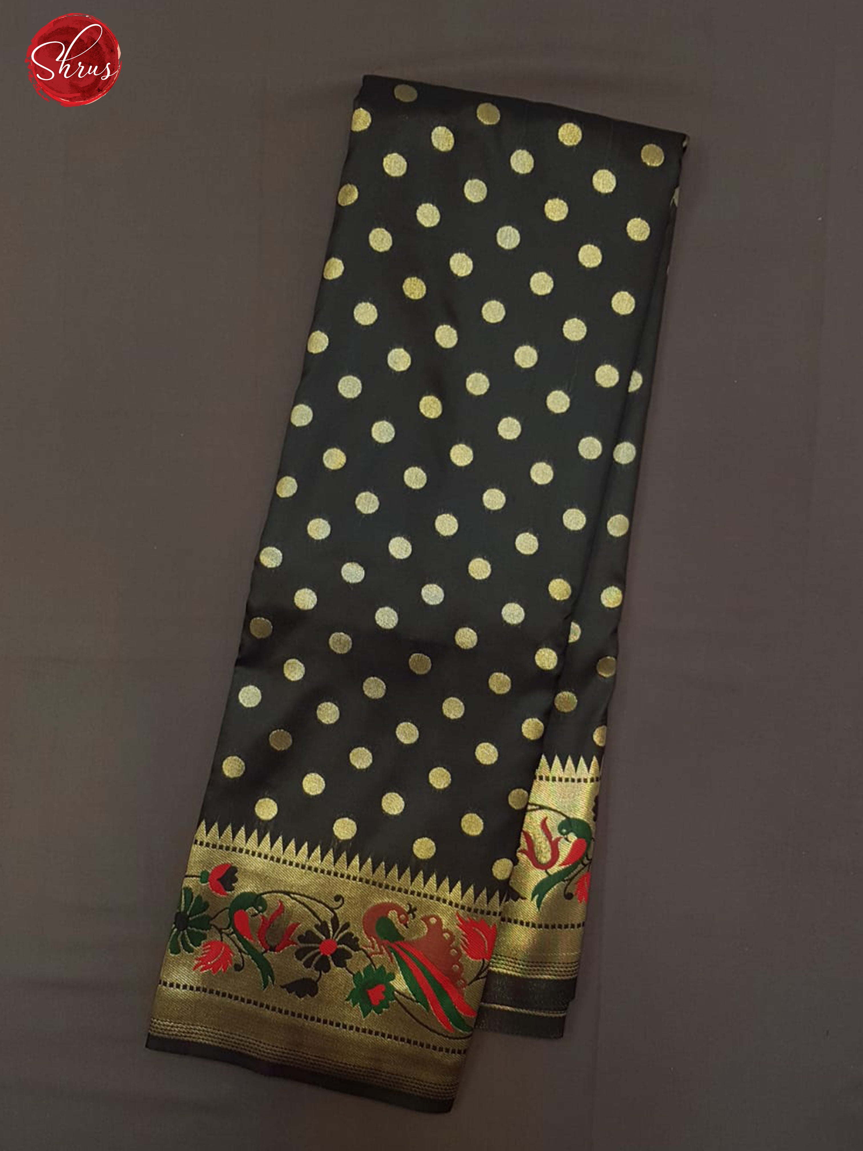 Black(Single Tone)- Semi Paithani with Zari woven floral buttas on the body & Gold zari Border - Shop on ShrusEternity.com