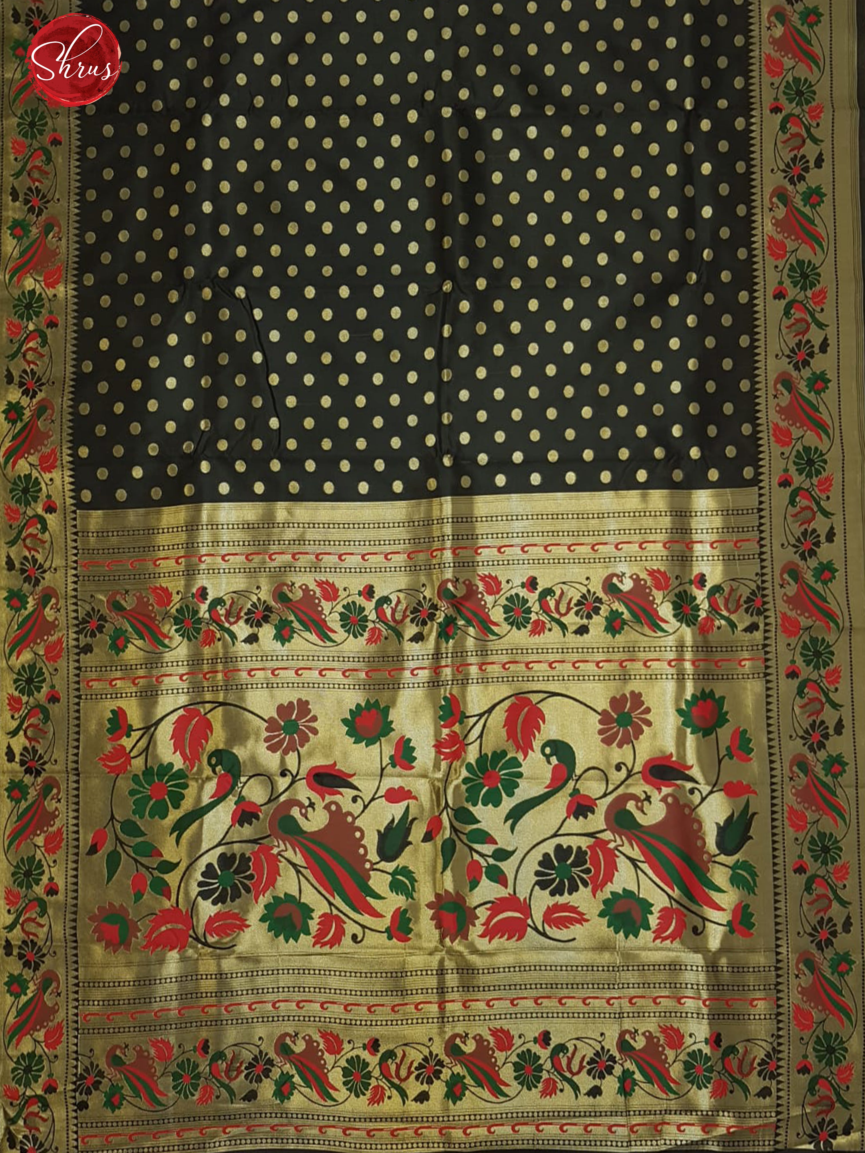 Black(Single Tone)- Semi Paithani with Zari woven floral buttas on the body & Gold zari Border - Shop on ShrusEternity.com