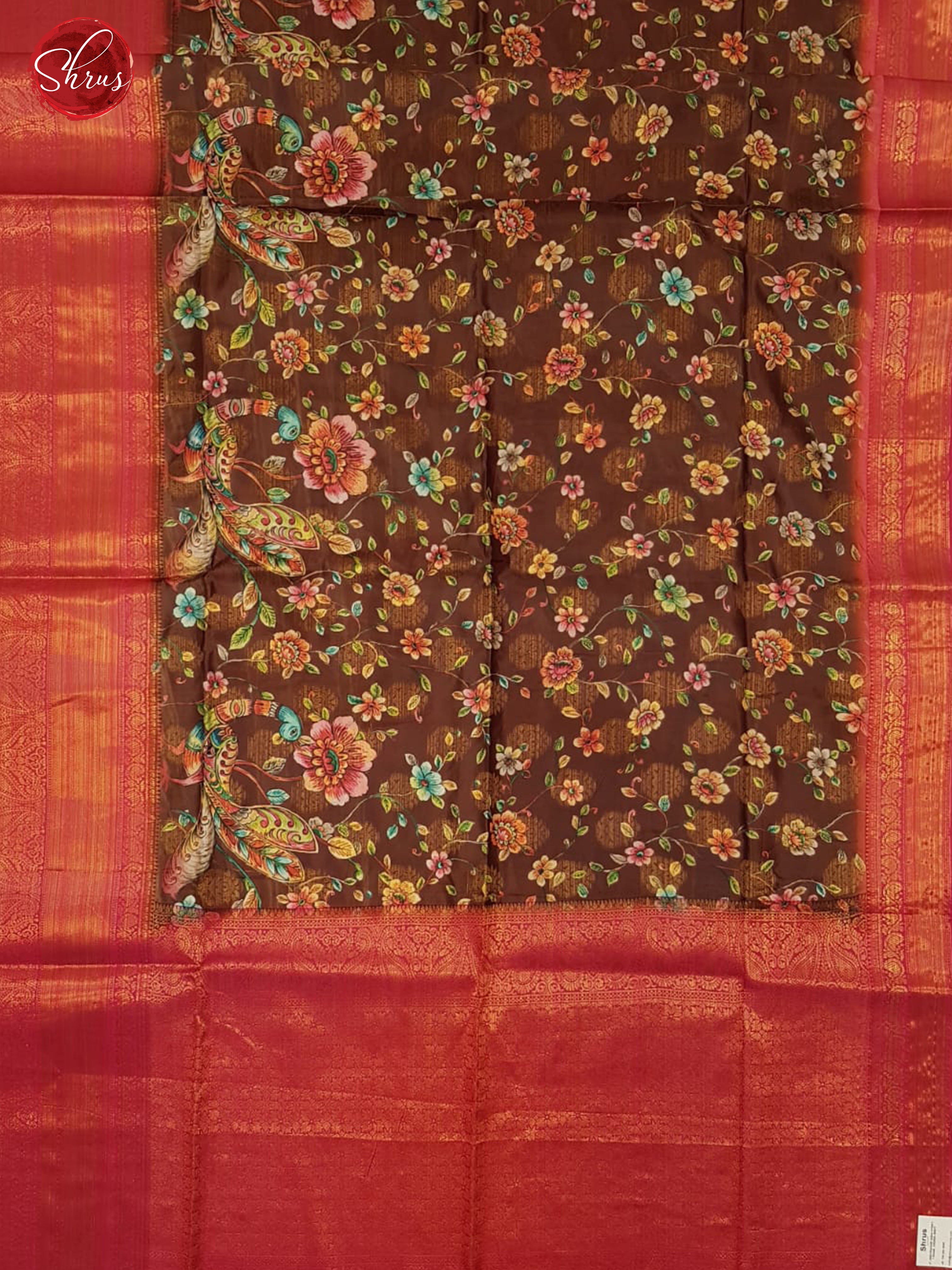 Brown & Pink- Semi Dupion with kalamkari floral print on the body & Contrast Border - Shop on ShrusEternity.com