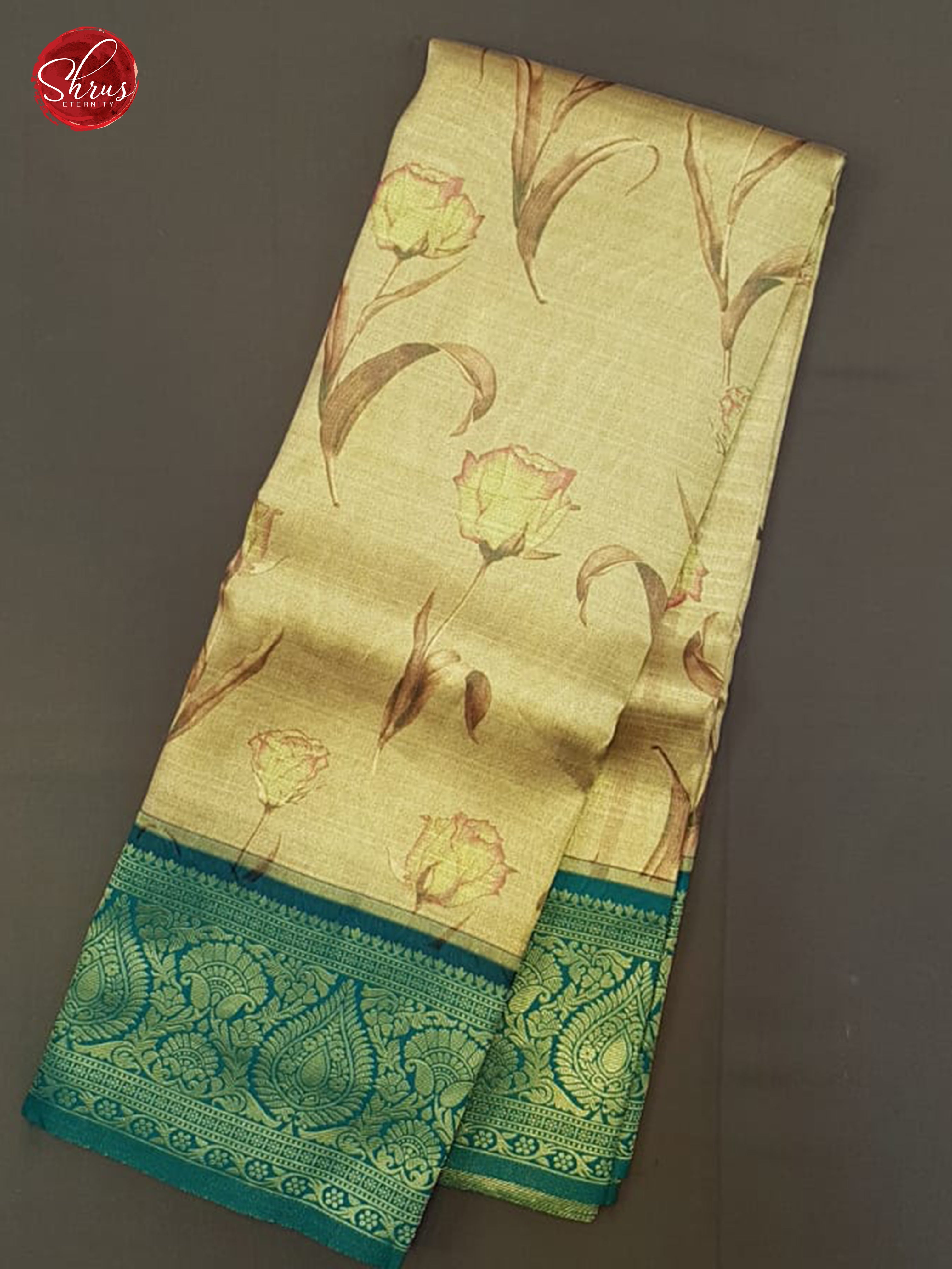 Light Brown & Green -Semi Kanchipuram with floral pattern on the body & contrast Zari Border - Shop on ShrusEternity.com