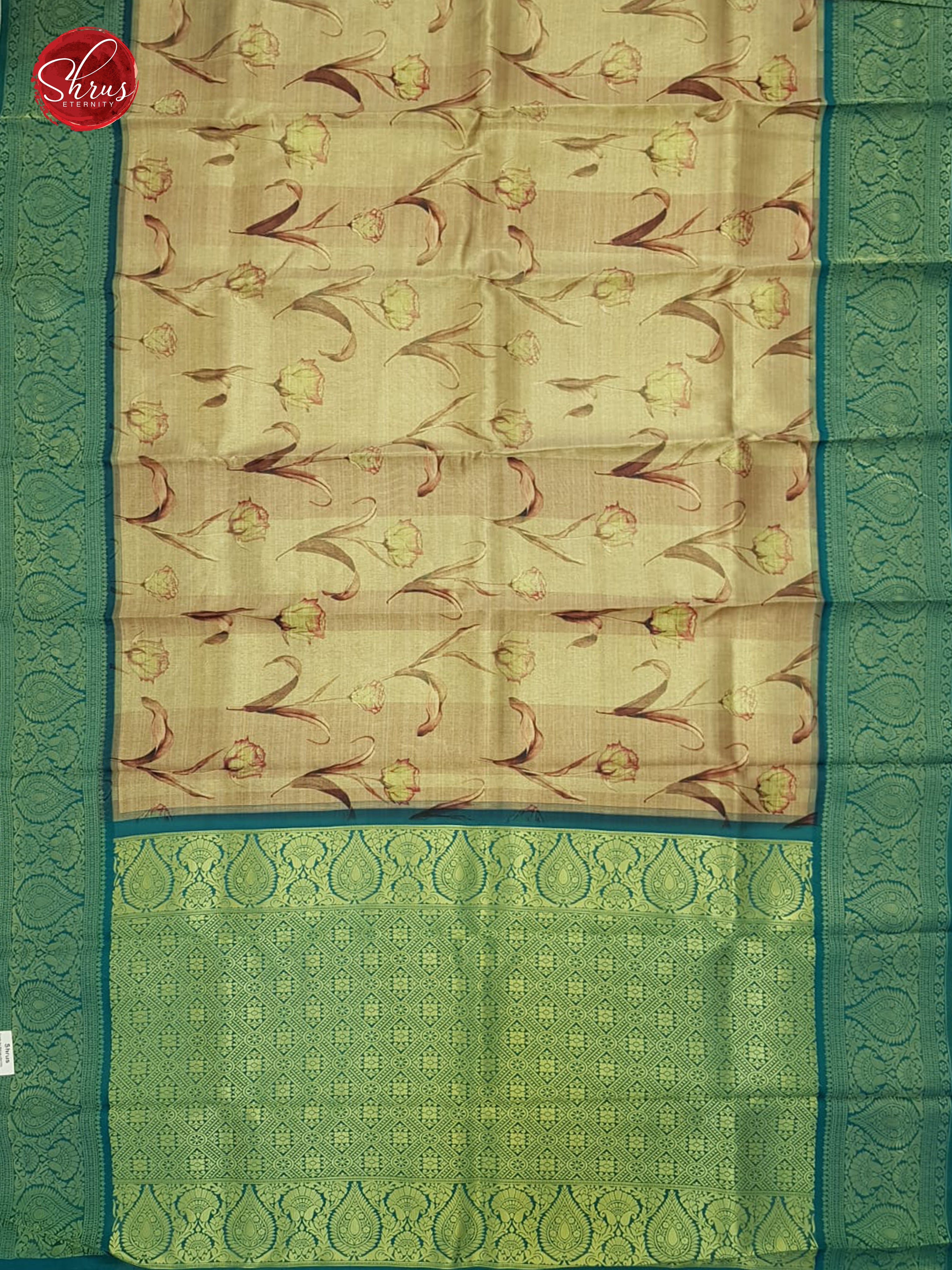 Light Brown & Green -Semi Kanchipuram with floral pattern on the body & contrast Zari Border - Shop on ShrusEternity.com