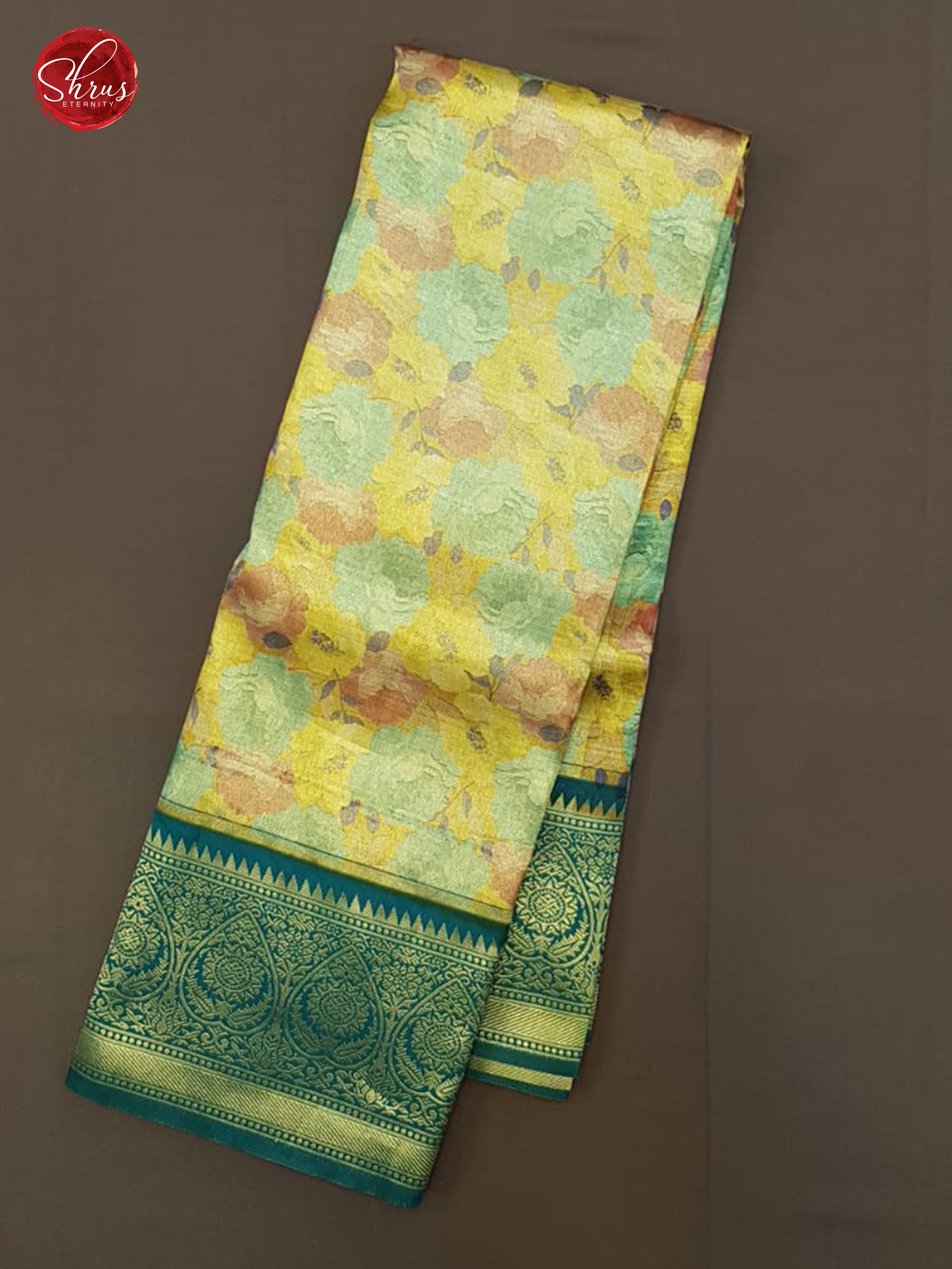 Yellow & Green - Semi Kanchipuram Silk with floral pattern on the body & Zari Border - Shop on ShrusEternity.com