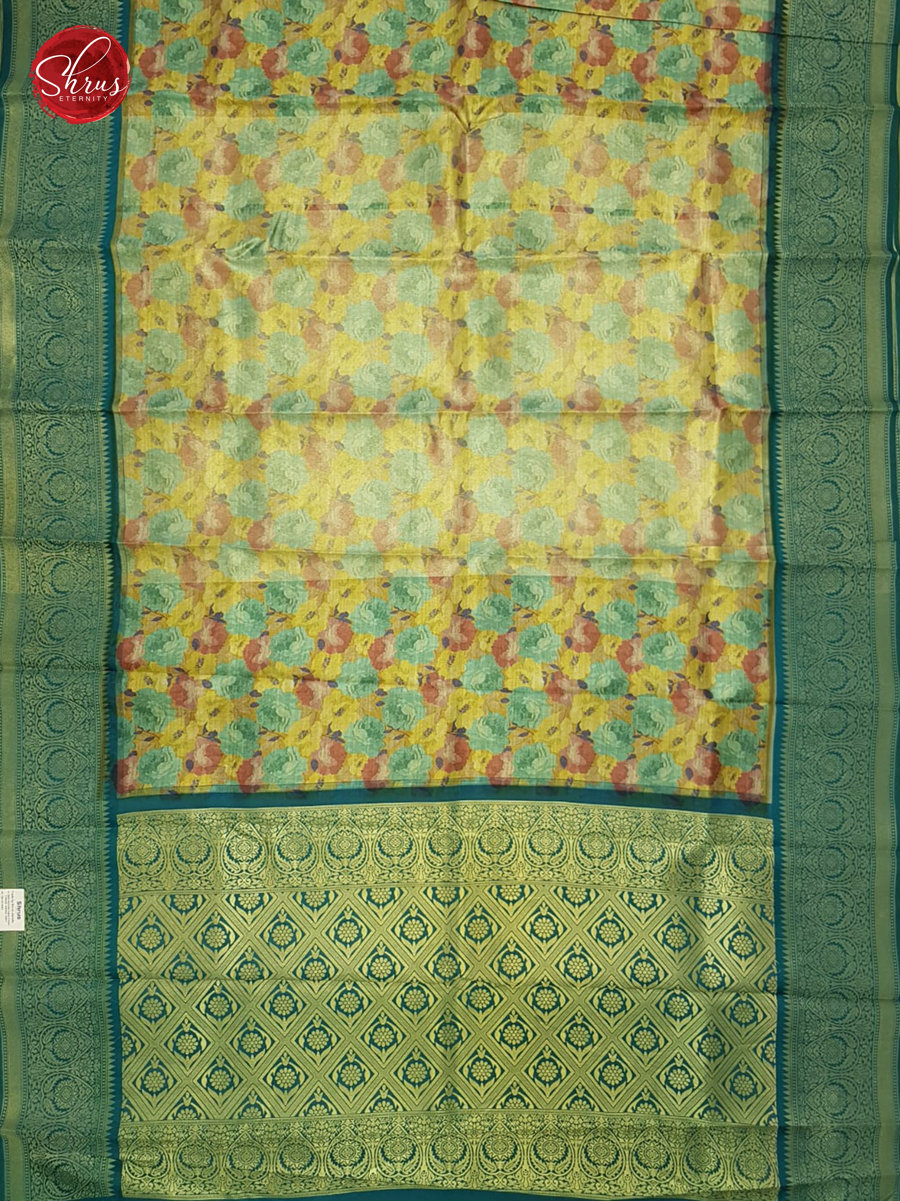 Yellow & Green - Semi Kanchipuram Silk with floral pattern on the body & Zari Border - Shop on ShrusEternity.com