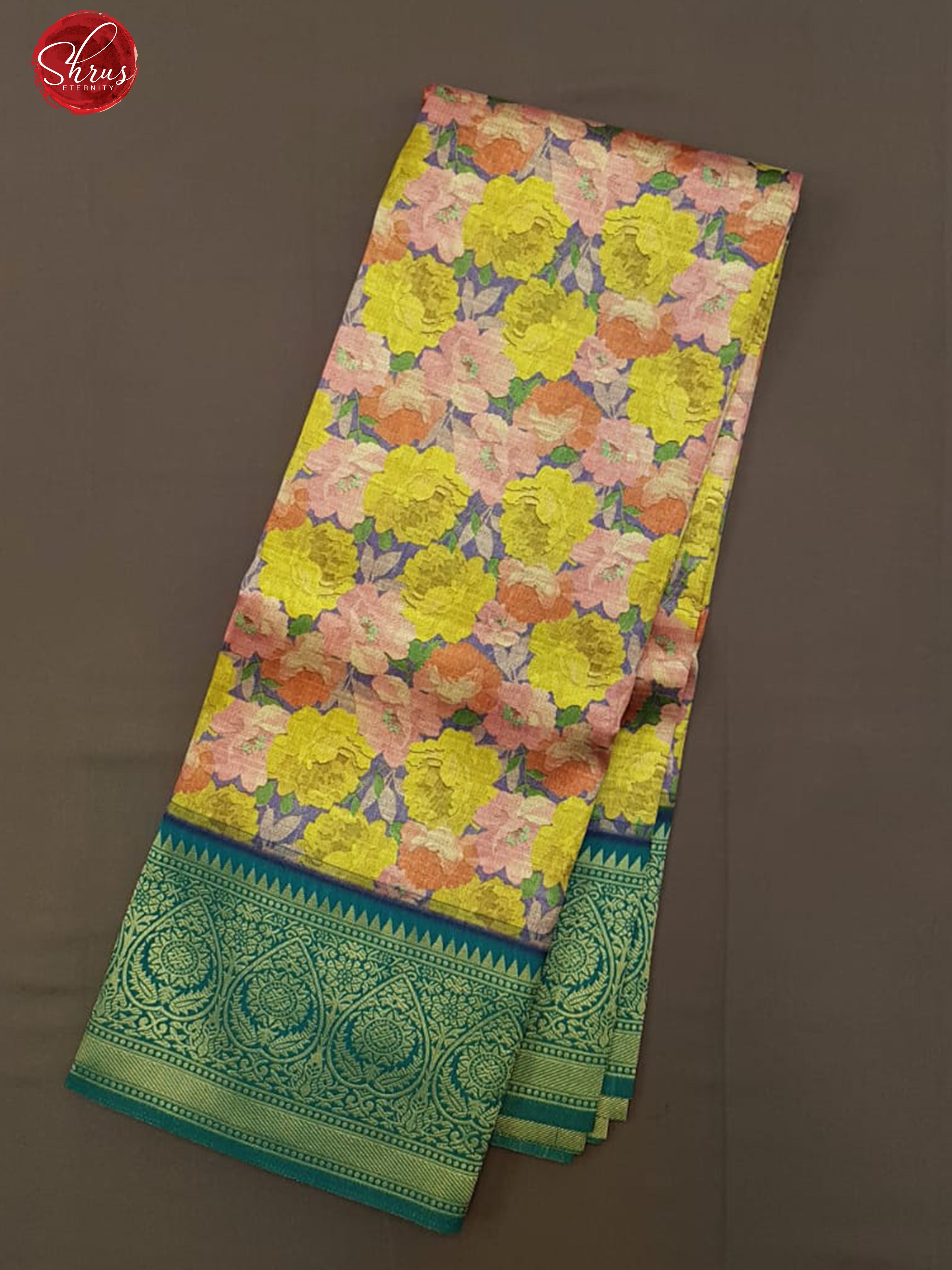 Yellow , Pink & Green - Semi Kanchipuram Silk with floral pattern on the body & Zari Border - Shop on ShrusEternity.com