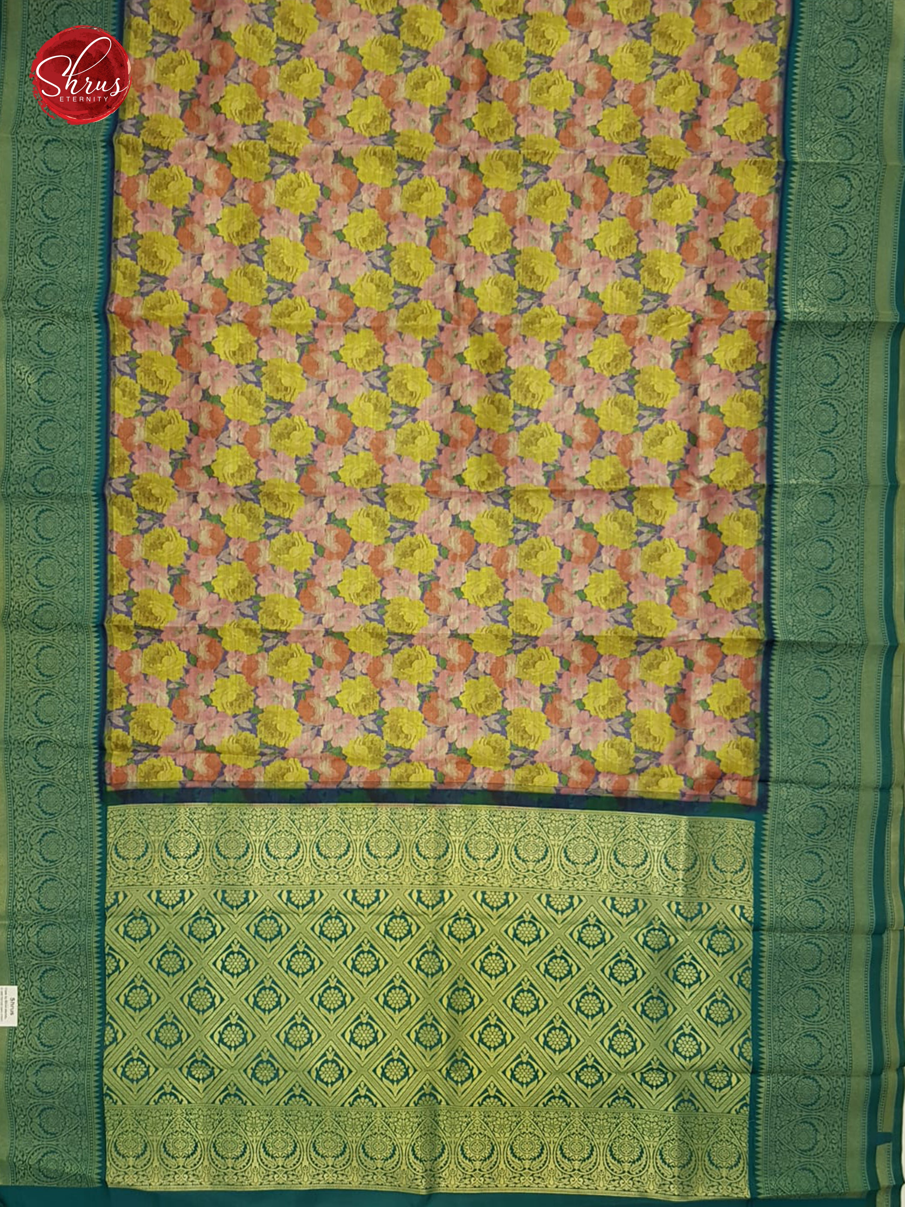 Yellow , Pink & Green - Semi Kanchipuram Silk with floral pattern on the body & Zari Border - Shop on ShrusEternity.com