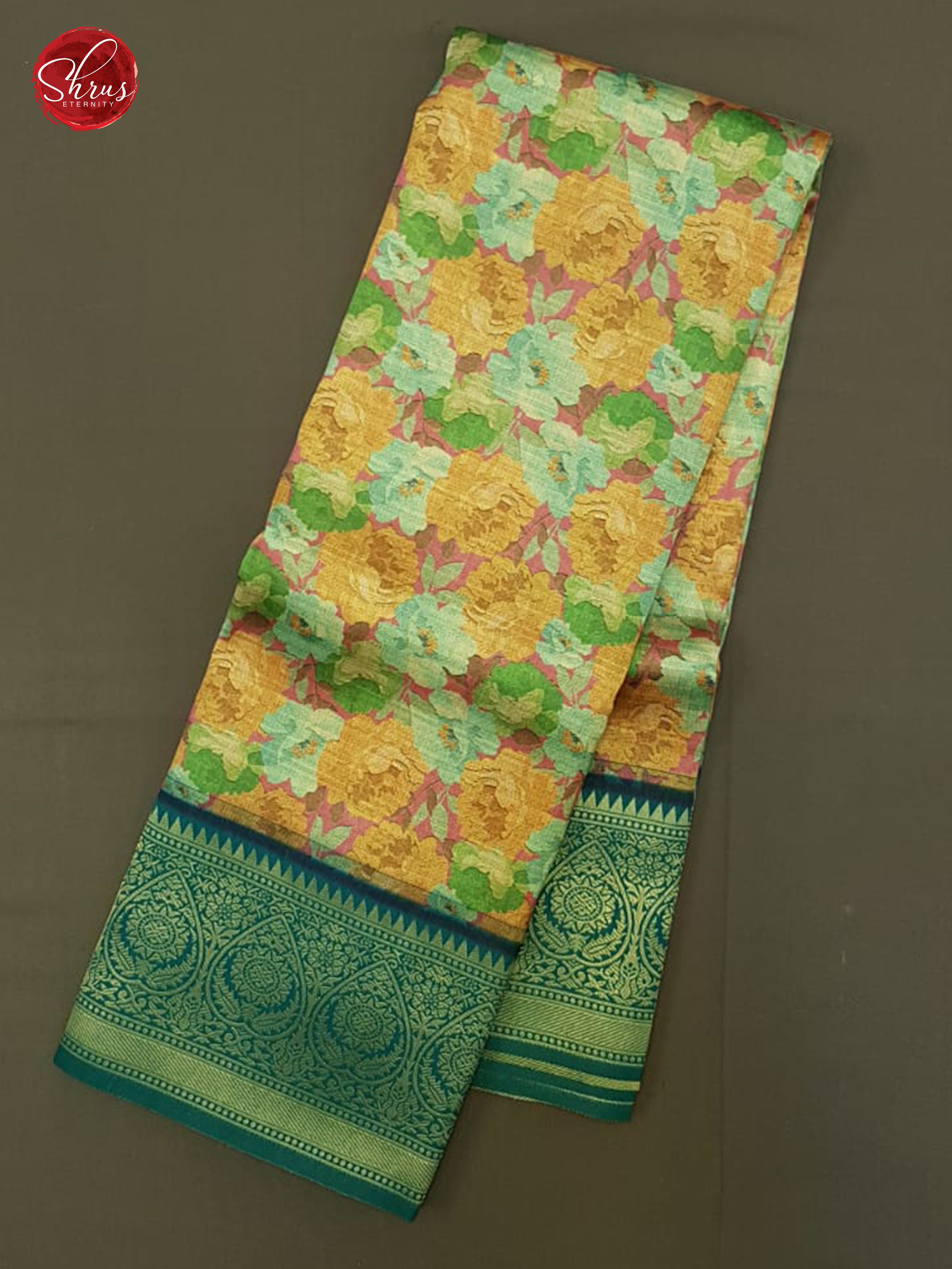 Orange & Green- Semi Kanchipuram with floral print on the body & Zari Border - Shop on ShrusEternity.com