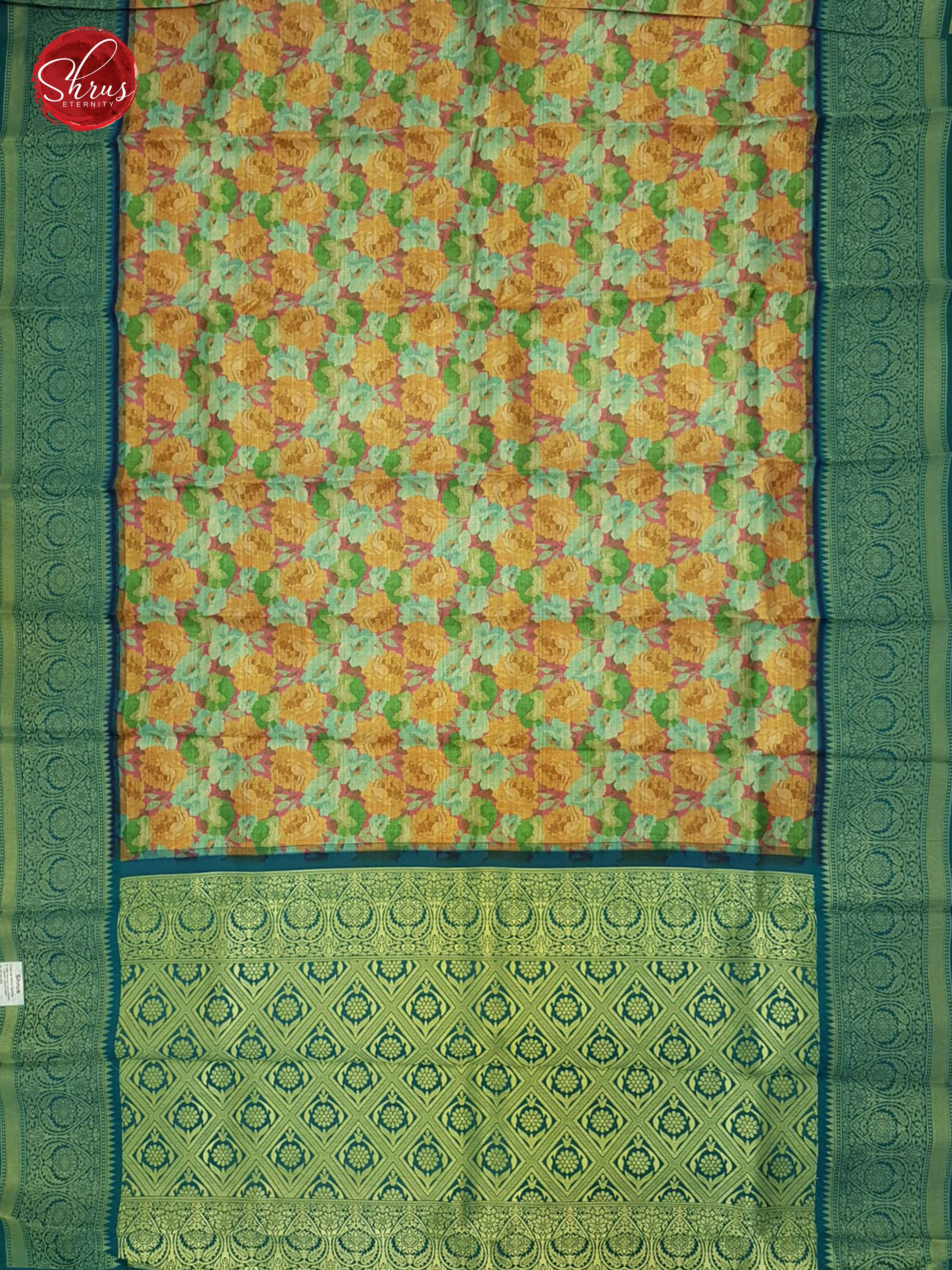 Orange & Green- Semi Kanchipuram with floral print on the body & Zari Border - Shop on ShrusEternity.com