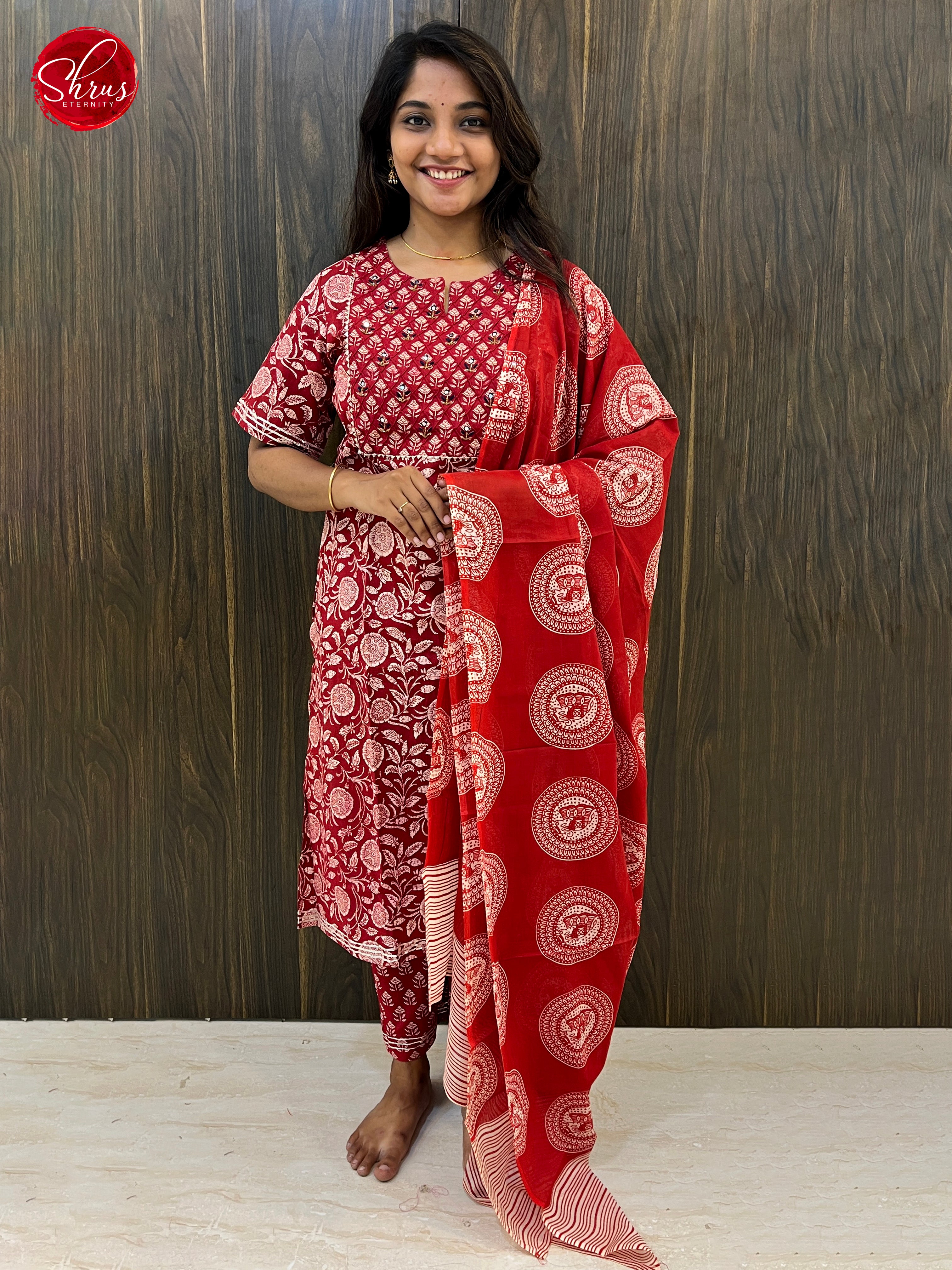 Maroon & Red - Readymade Salwar Suit with floral print - Shop on ShrusEternity.com
