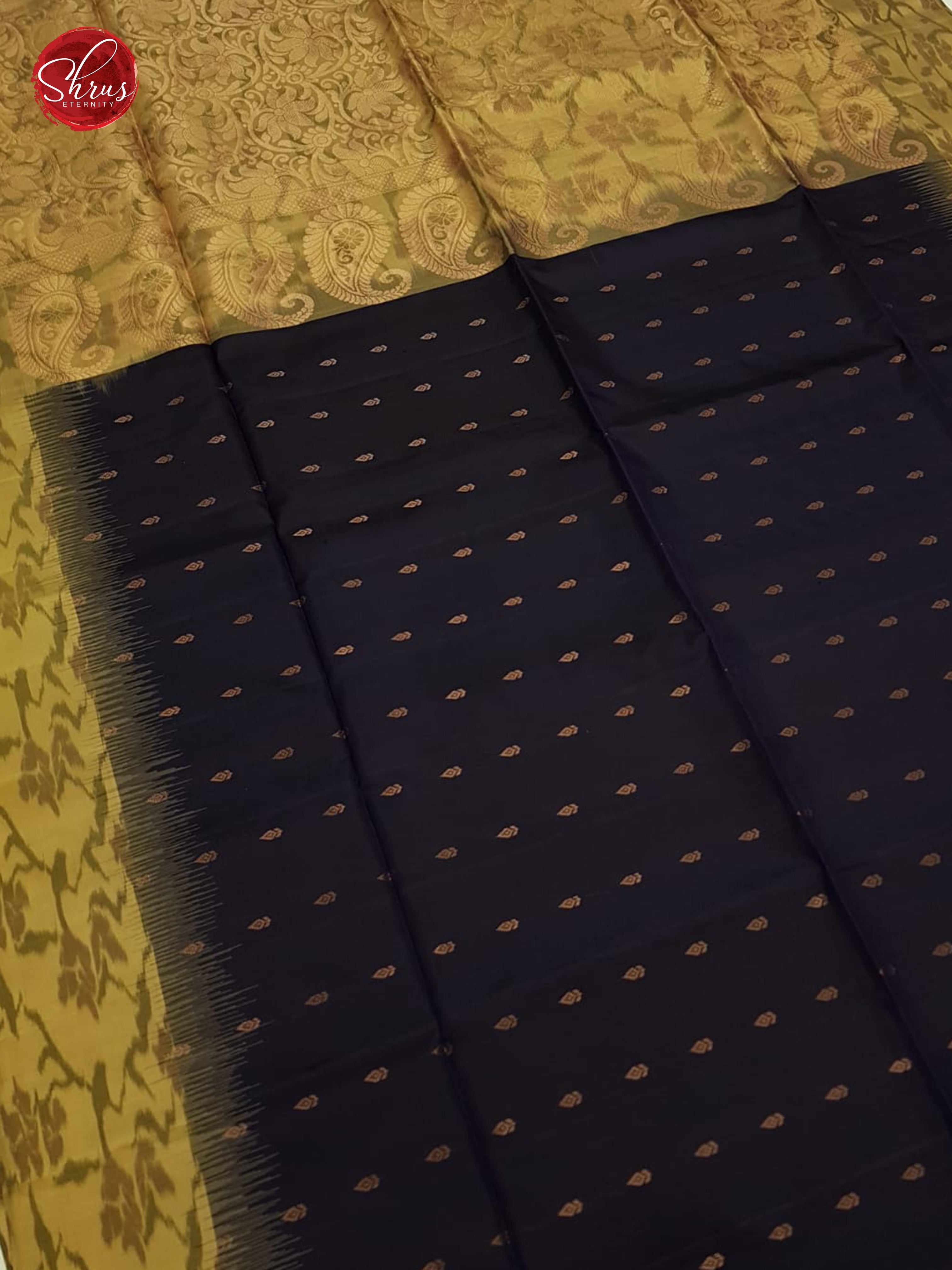 Navy blue and Brown - Soft silk with zari buttas on the body & contrast Border - Shop on ShrusEternity.com