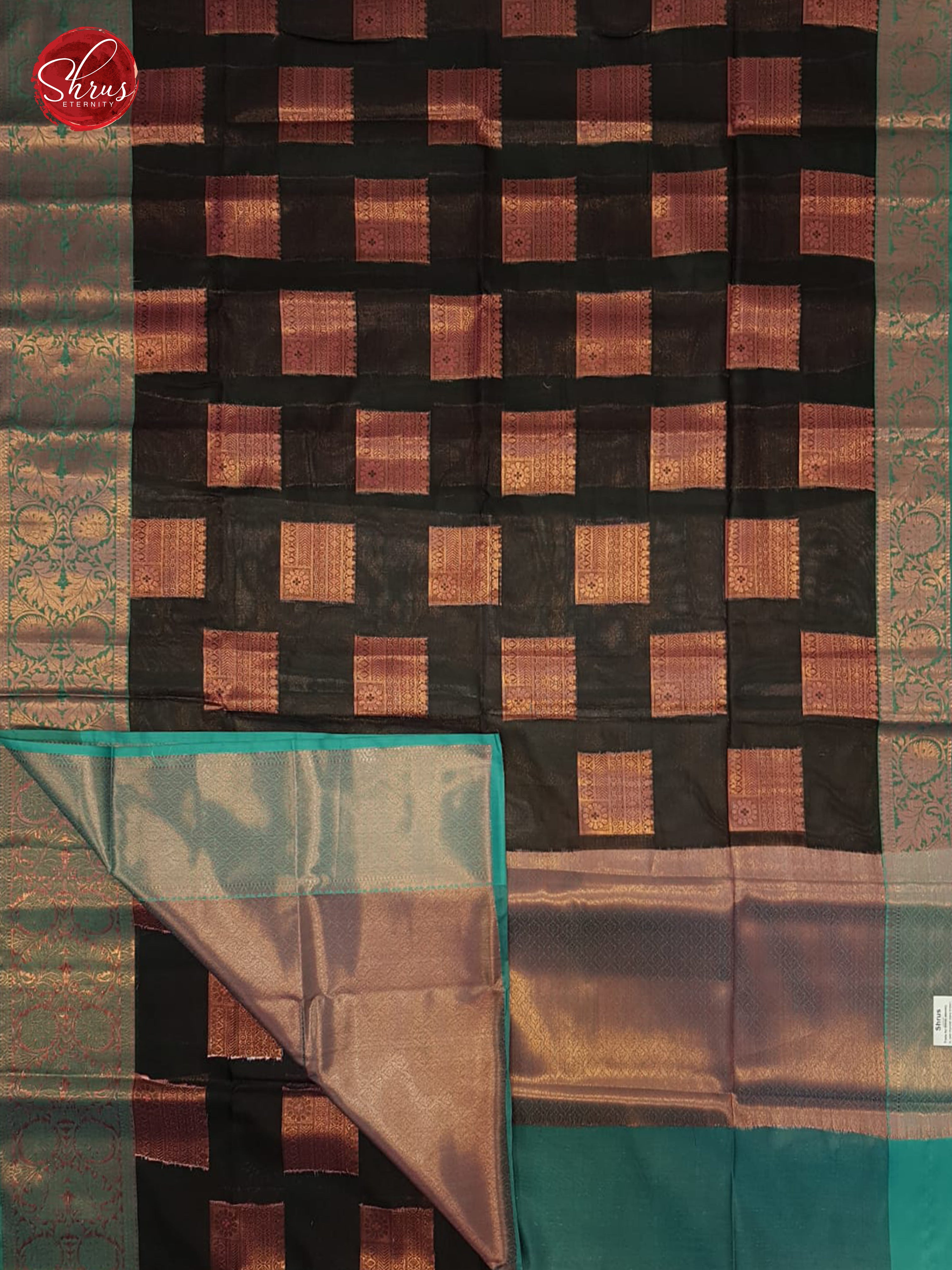 Black & Green - Banarasi Silk Cotton with zari woven floral block motifs on the body& Zari Border - Shop on ShrusEternity.com