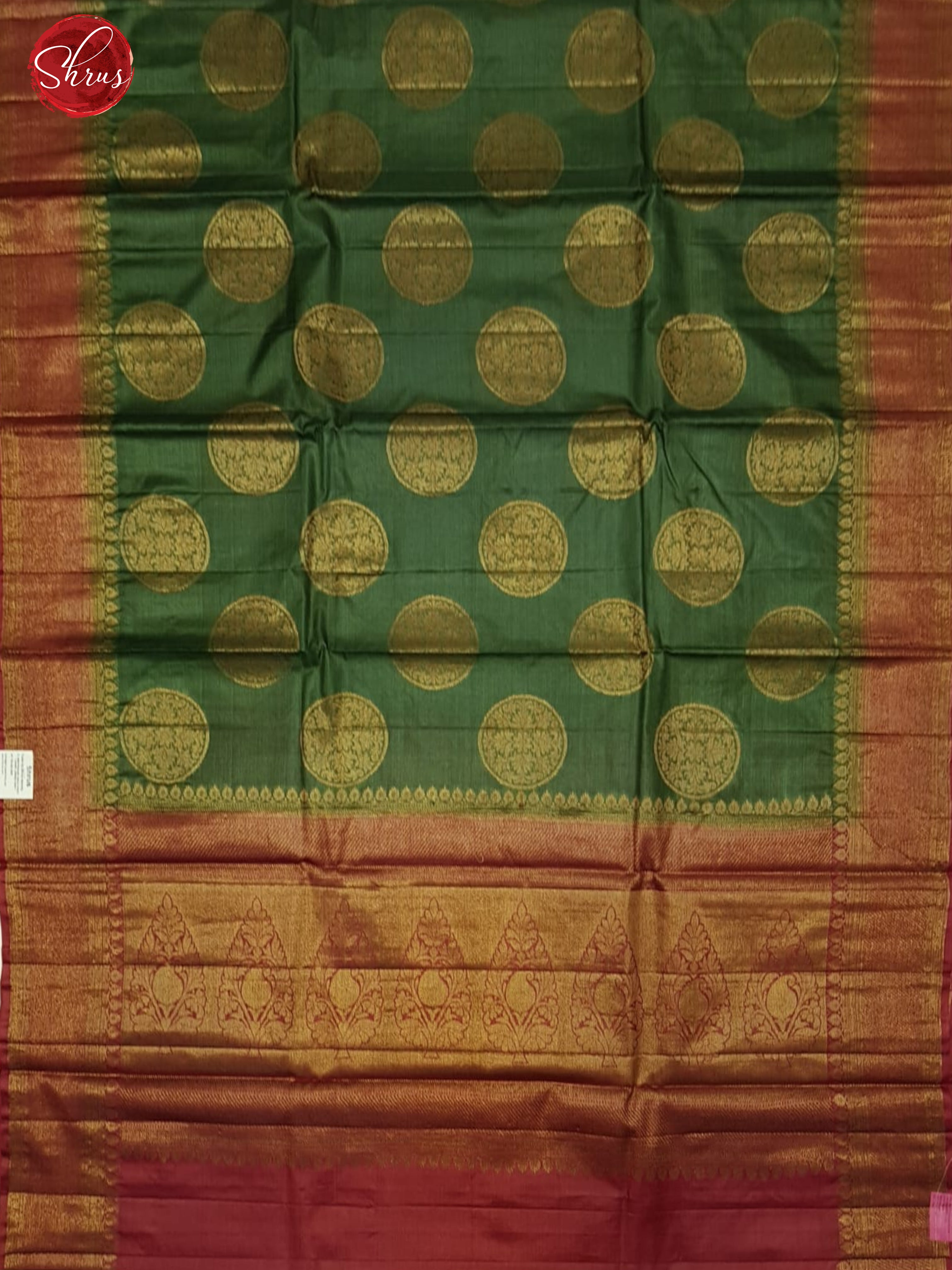 Green & Red- Tussar with zari woven floral motifs on the body & Zari Border - Shop on ShrusEternity.com