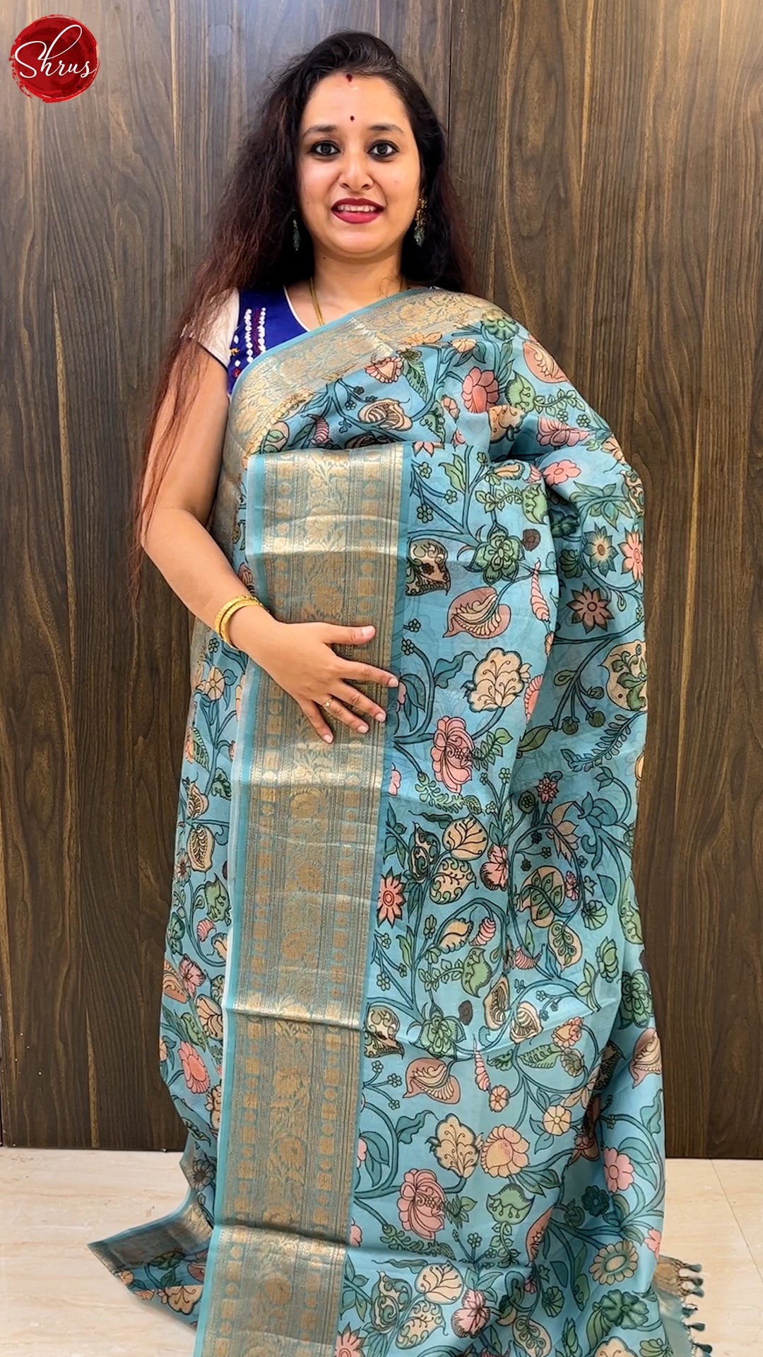 Dusty Blue(Single Tone)- Organza with floral print on the body and zari border - Shop on ShrusEternity.com