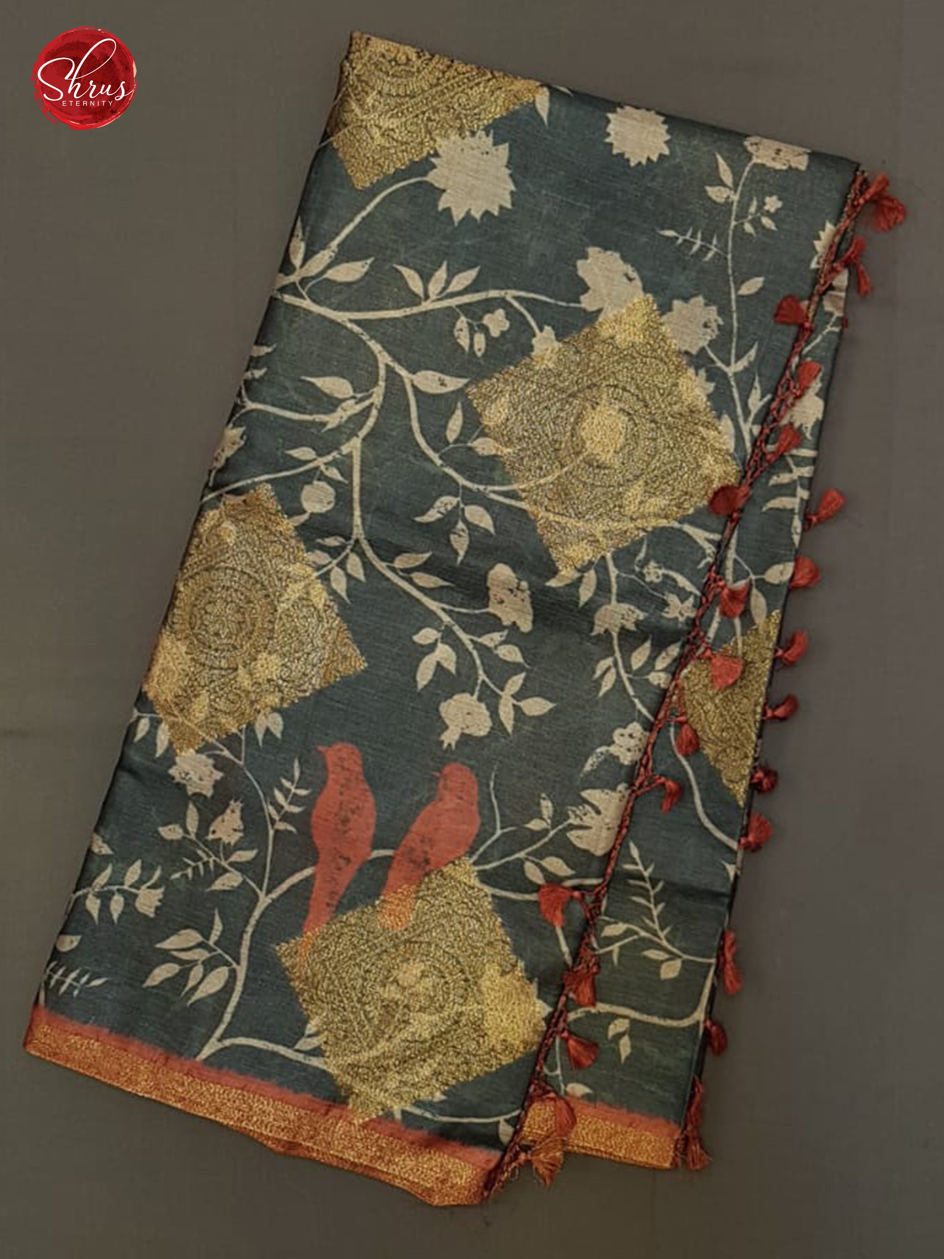 Dark Grey & Red - Borderless Tussar with floral print , zari motifs on the body - Shop on ShrusEternity.com