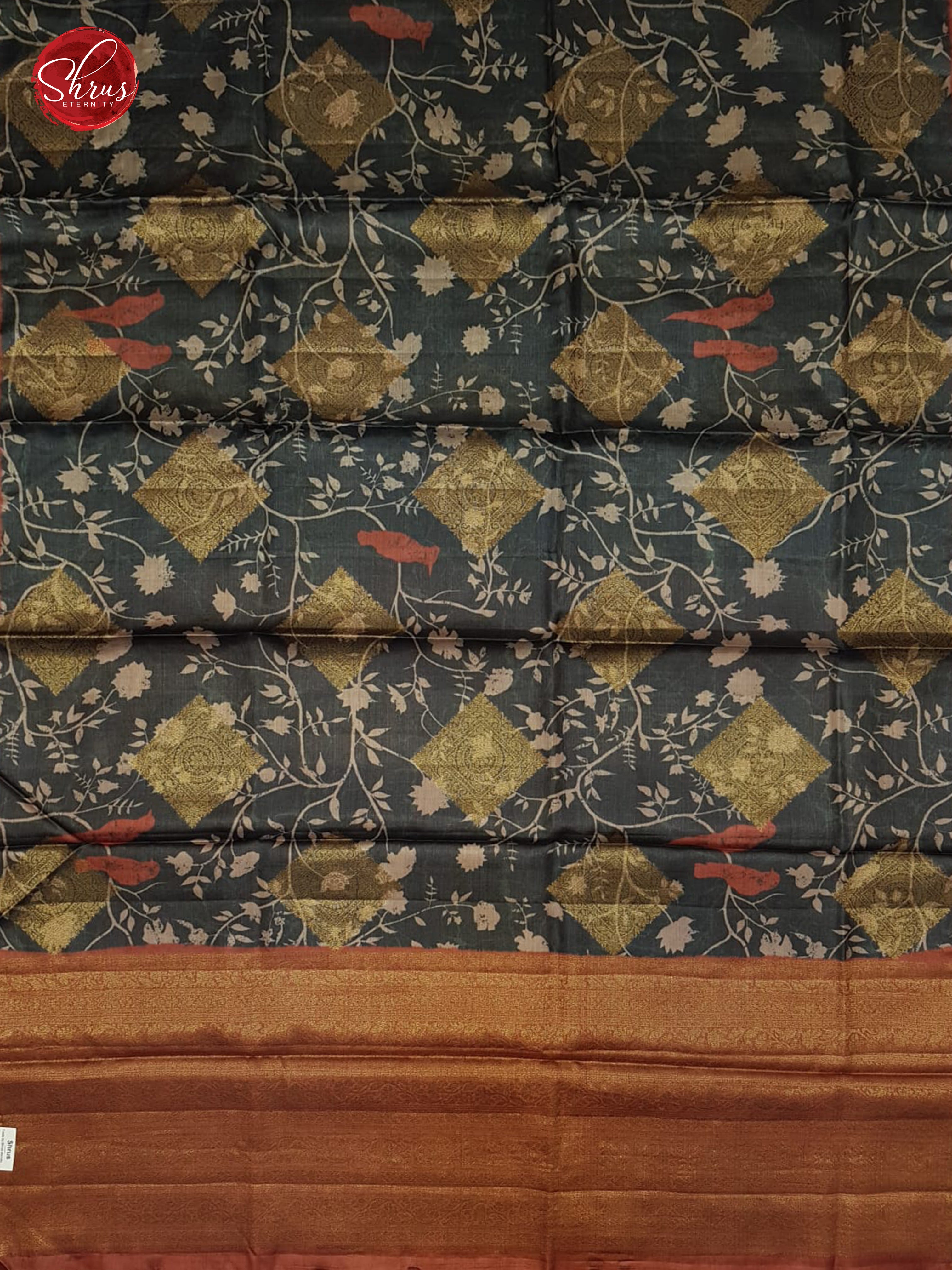 Dark Grey & Red - Borderless Tussar with floral print , zari motifs on the body - Shop on ShrusEternity.com