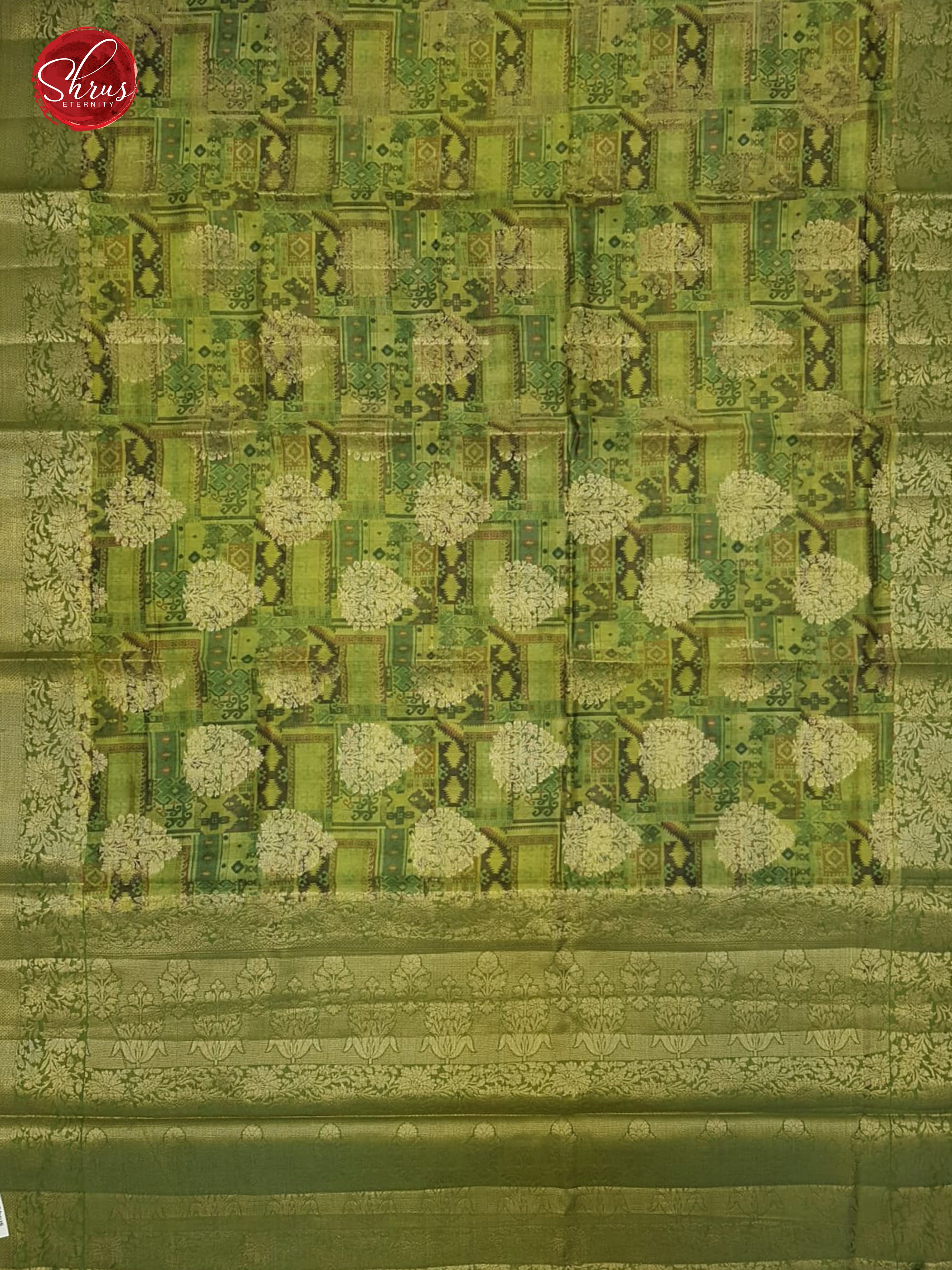 Green(Single Tone)- Tussar with floral print , zari motifs on the body& Zari Border - 2