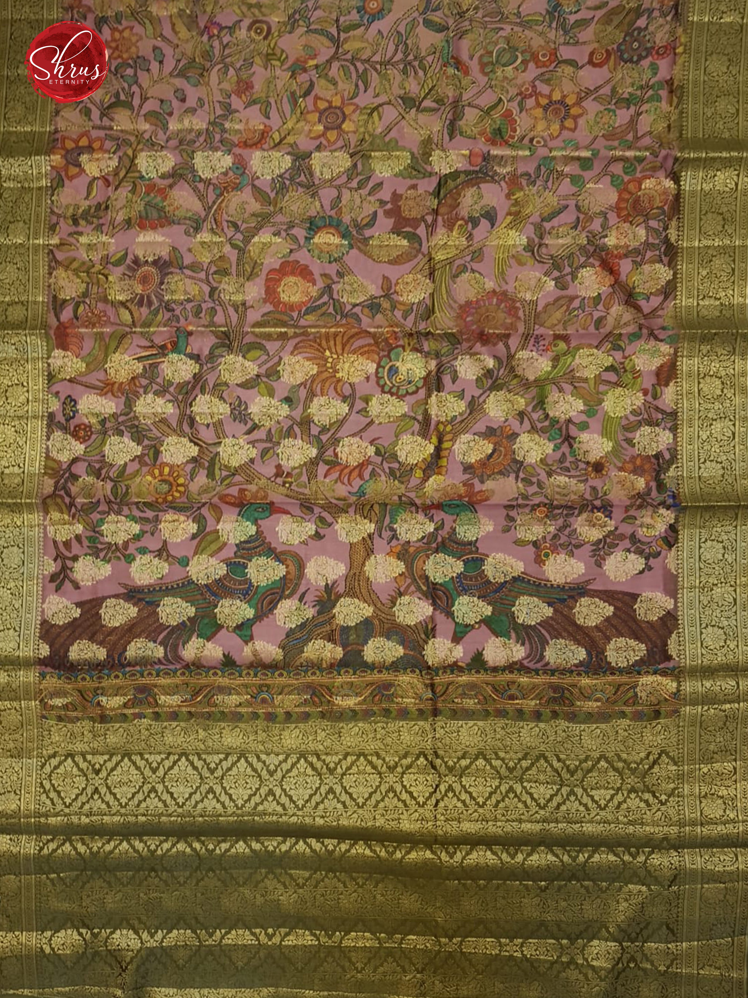 Pink & Green - Tussar with zari woven floral motifs , floral print on the body -2