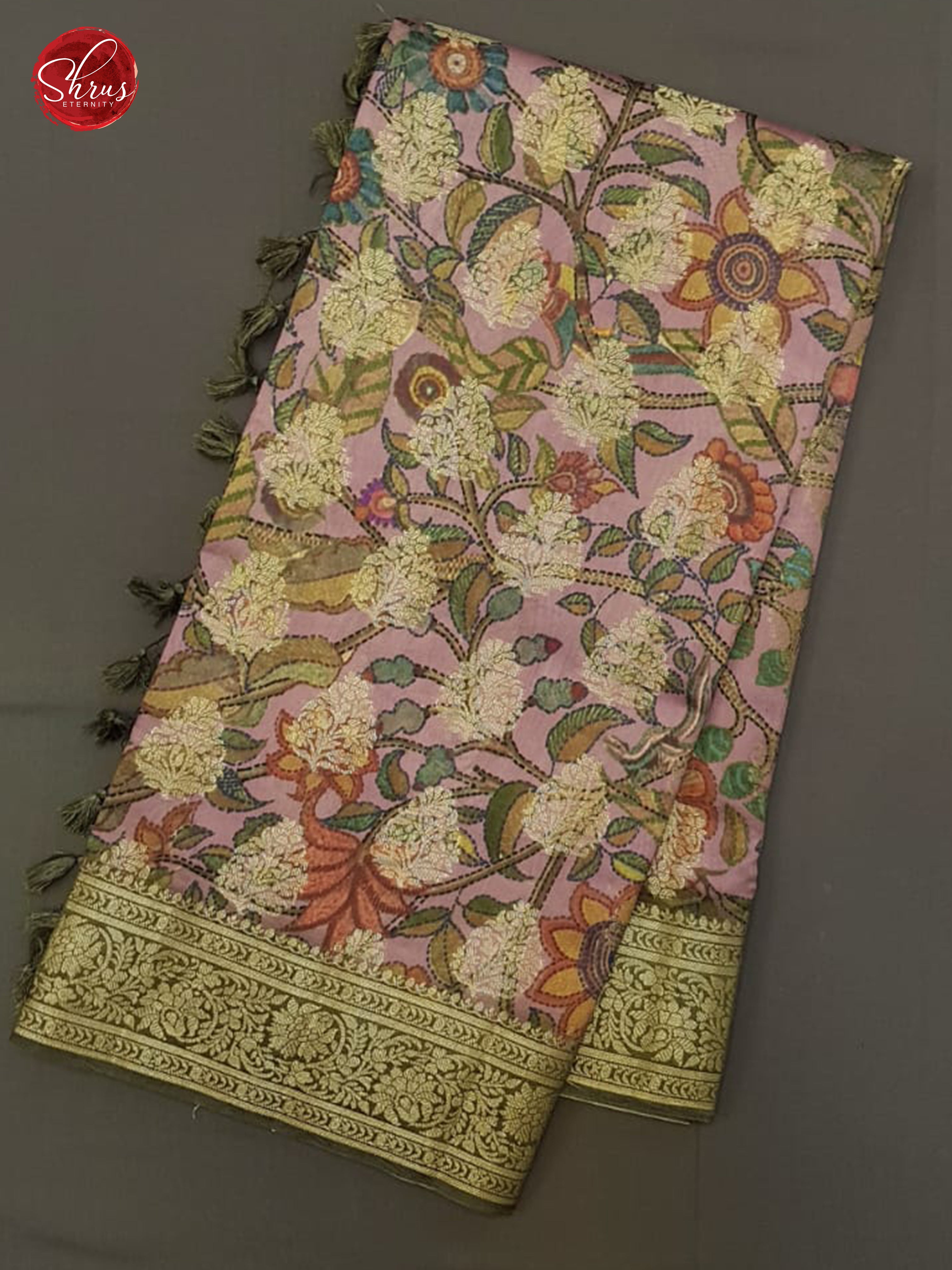 Pink & Green - Tussar with zari woven floral motifs , floral print on the body - 1