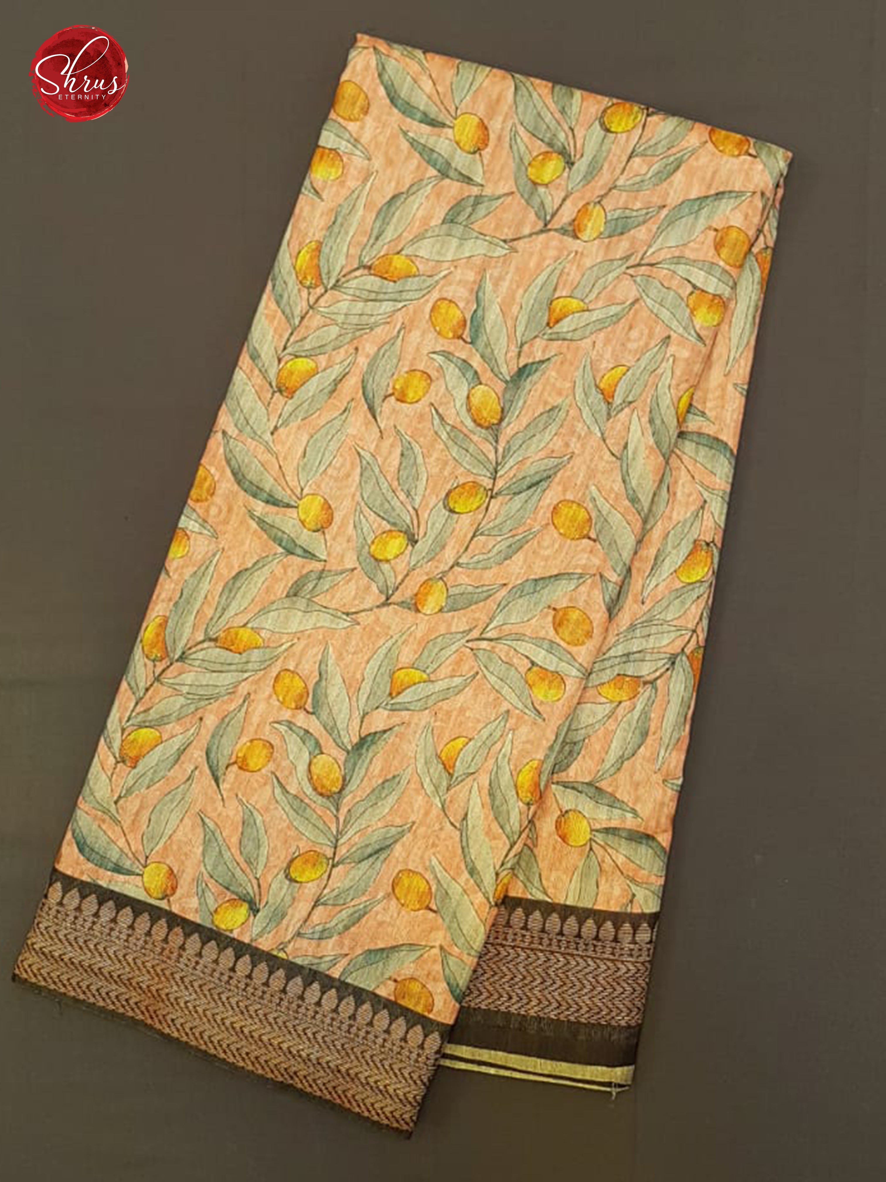 Peachish pink & Brown - Semi Gicha with floral print on the body & Zari Border - Shop on ShrusEternity.com