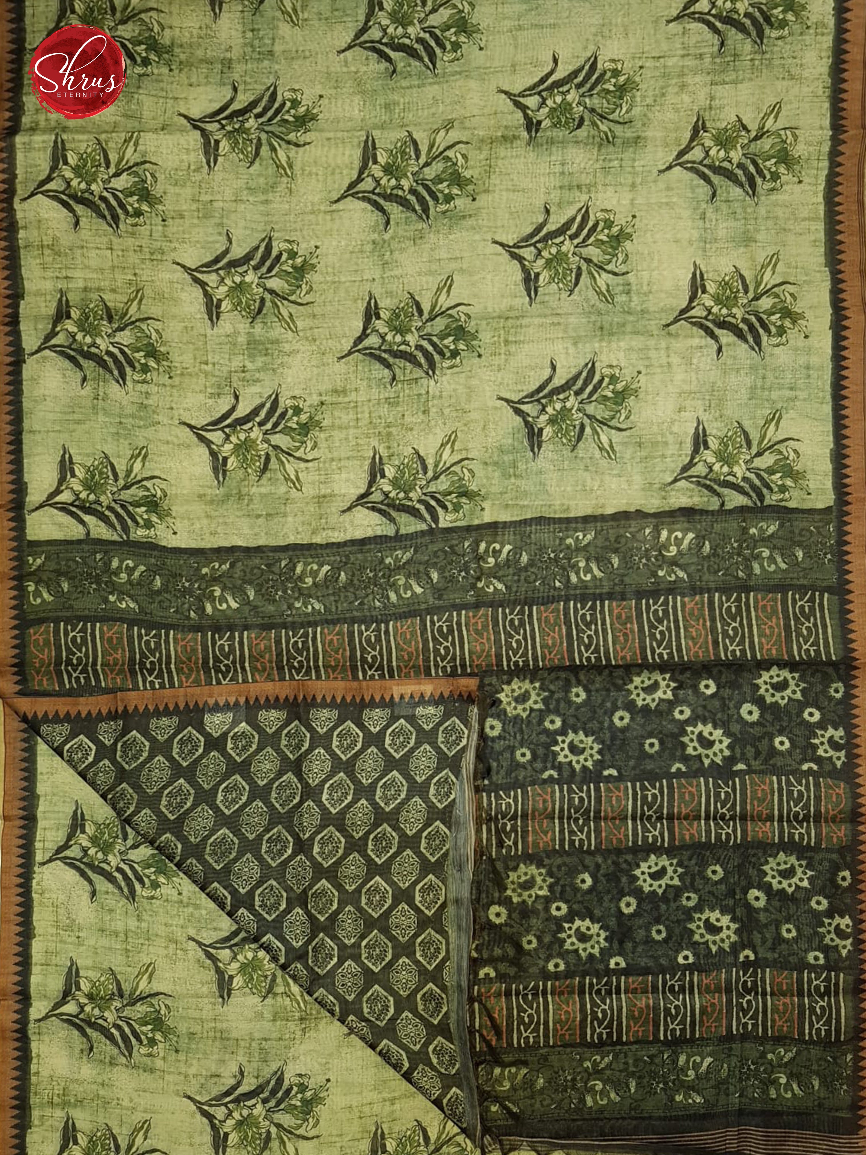 Green & Dark Green - Semi Gicha with floral print on the body & Zari Border - Shop on ShrusEternity.com