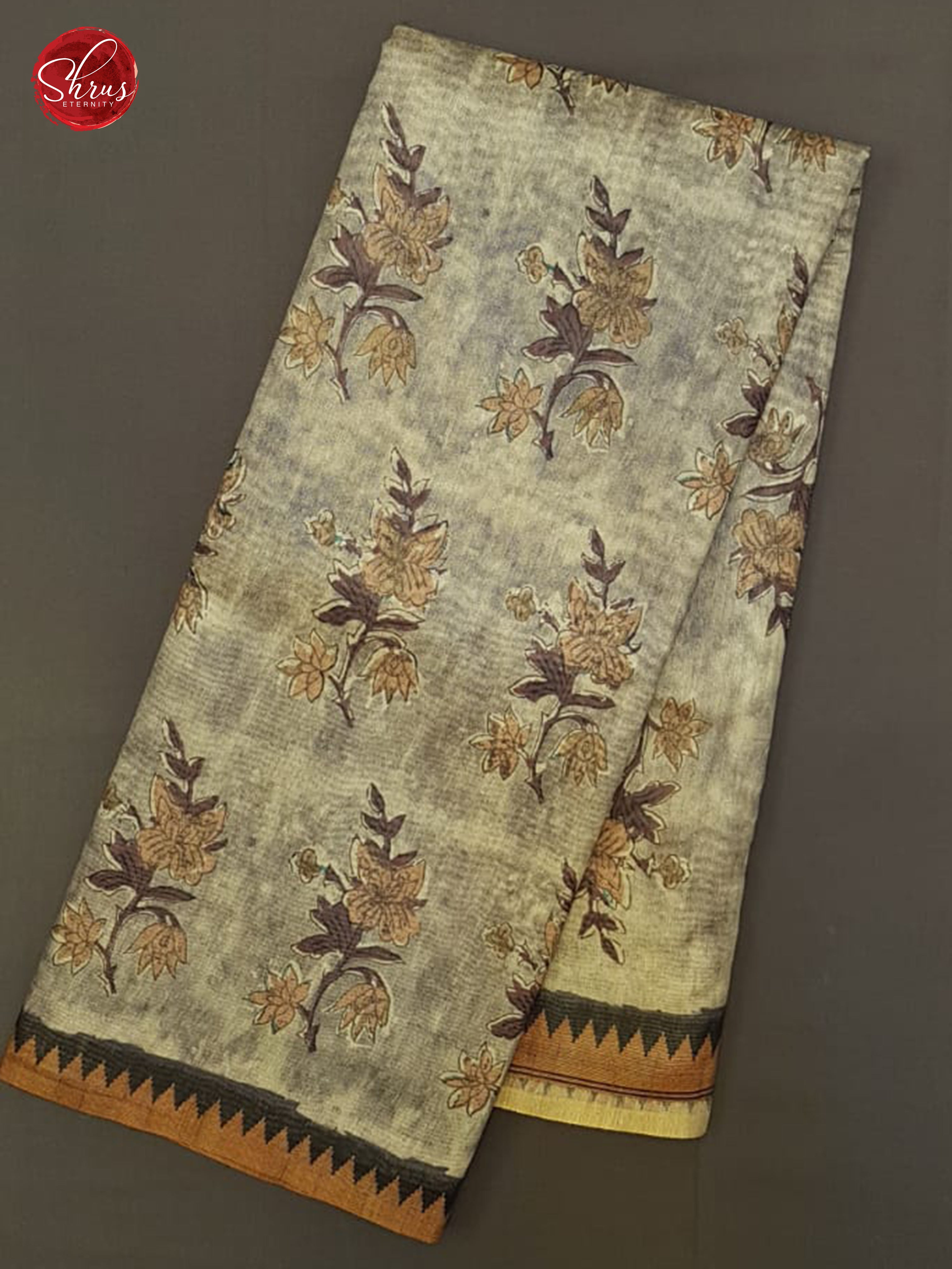 Light Grey & Dark Grey - Semi Gicha with floral print on the body & Zari Border - Shop on ShrusEternity.com